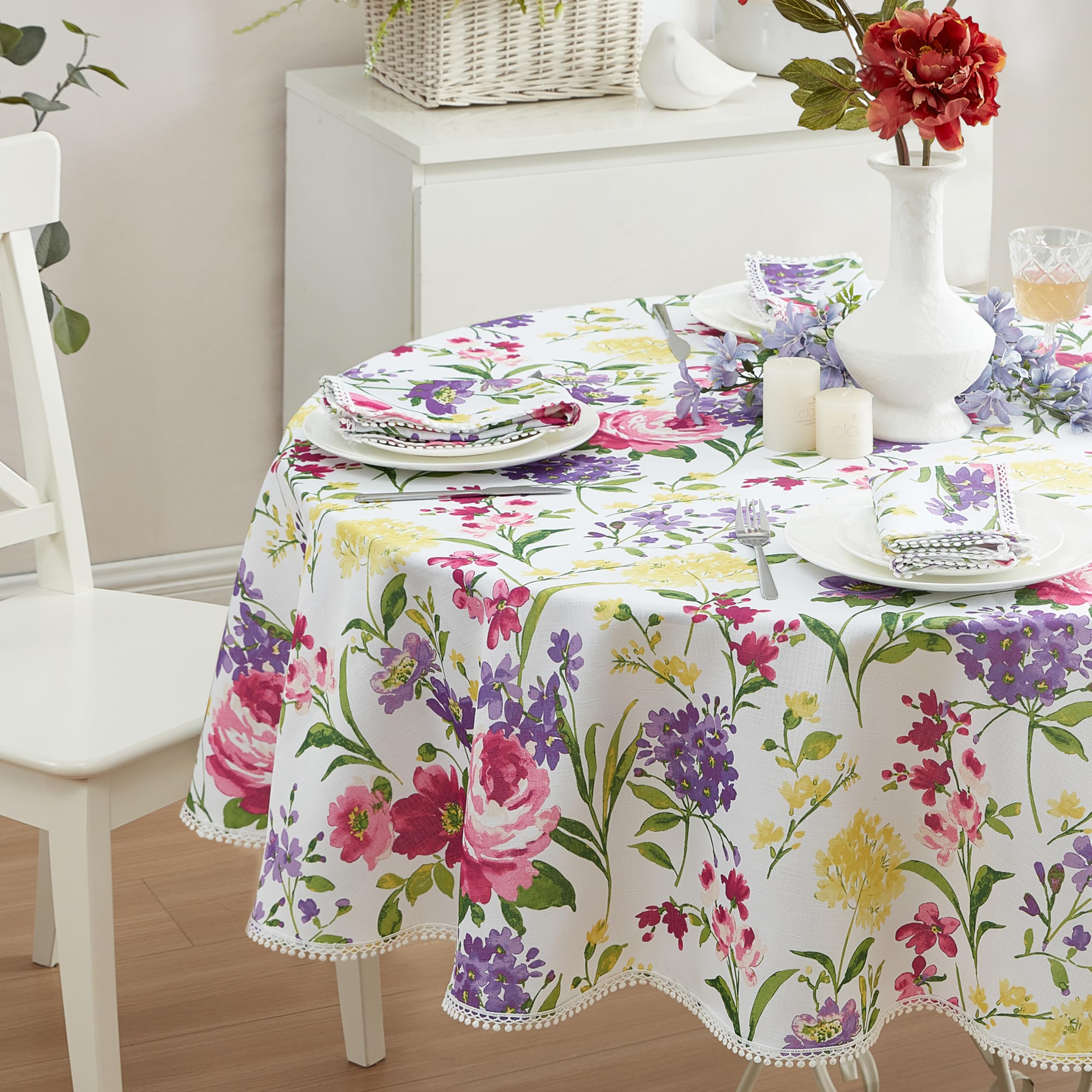 Newbridge Round Fabric Tablecloth, 70 Inch, Summer Sophia Pom Pom Fringe, Wrinkle And Stain Resistant Pink And Purple Floral Tab