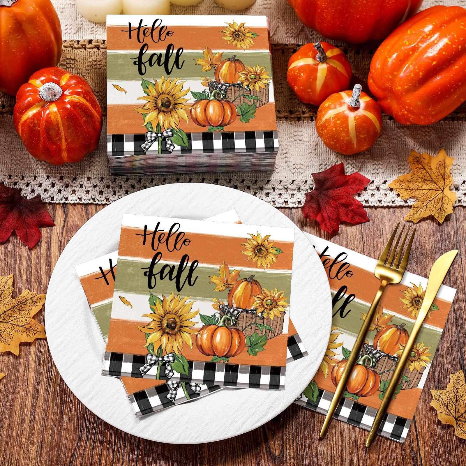 Epakh 200PCS Fall Thanksgiving Disposable Paper Decorative Guest Napkins Pumpkin Sunflower Hand Towel for Lunch Dinner Kitchen B