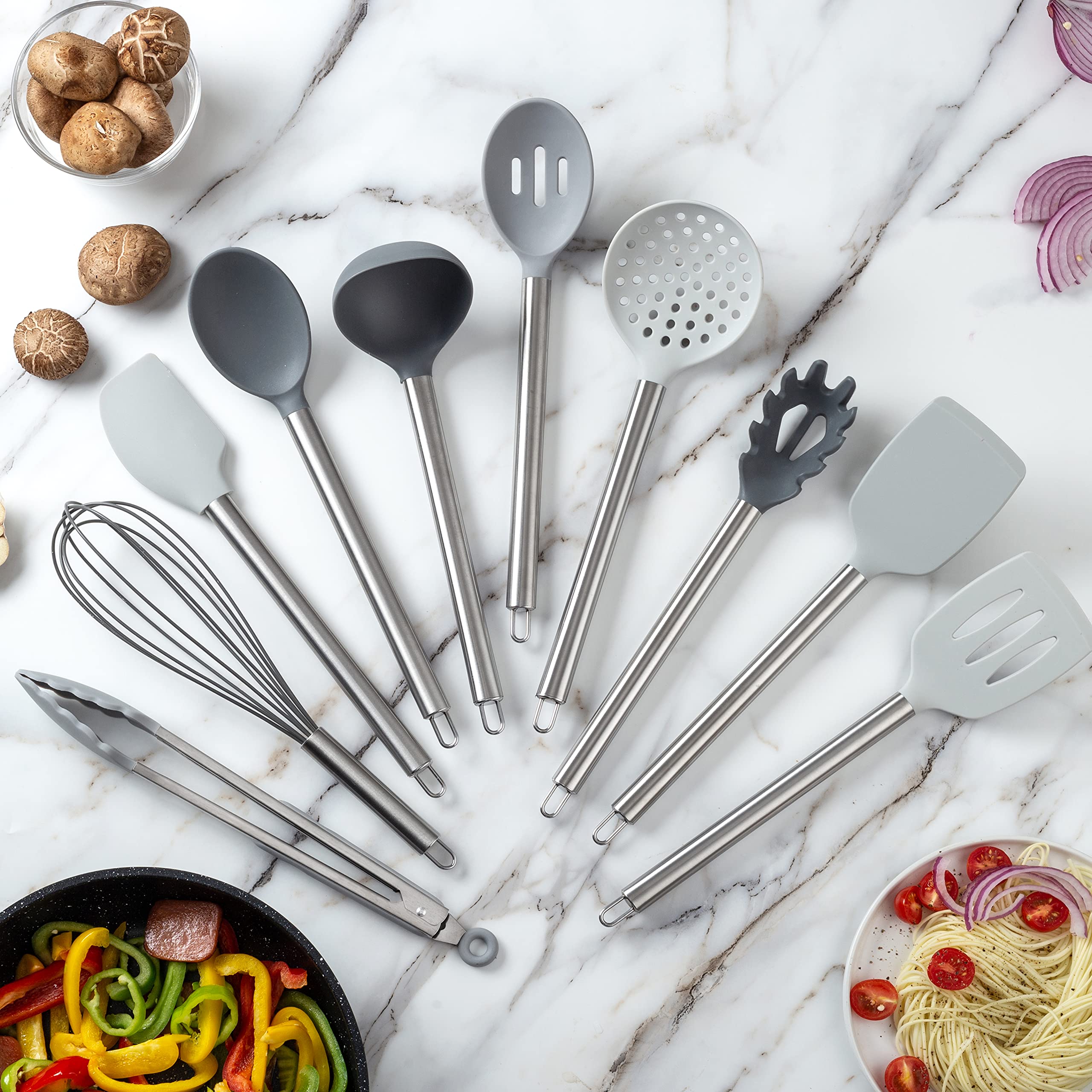 COOK WITH COLOR Silicone Cooking Utensil Set, 10 Pieces, Easy to Clean, Grey Ombre, Model YBSLS10 GRY