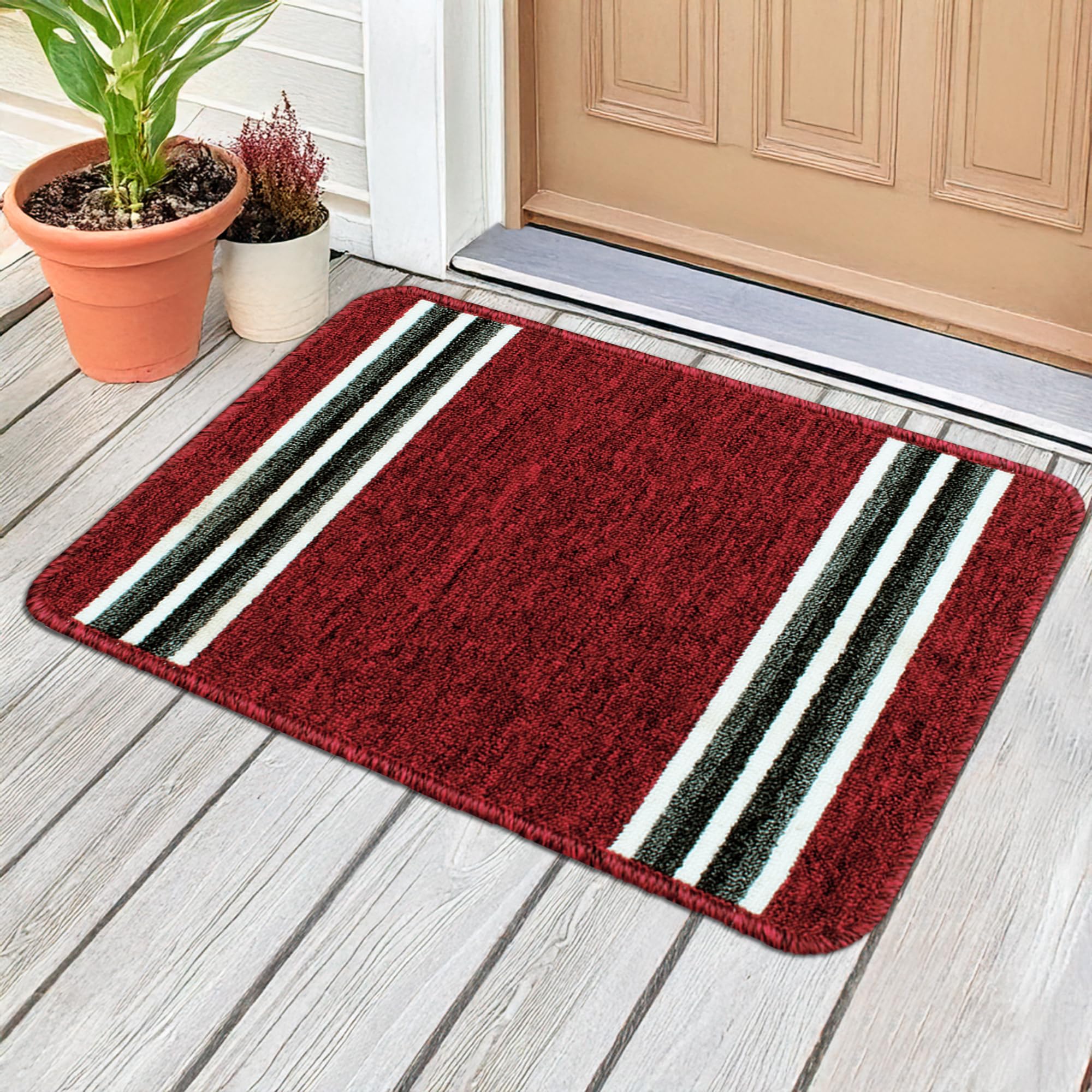 Mollishomes Soft Anti-Skid Nylon Bath Mat |Water Absorbent Bathroom Mats Anti Slip - Set Of 1, 57 X 37 Cm, Red Stripes Design |I