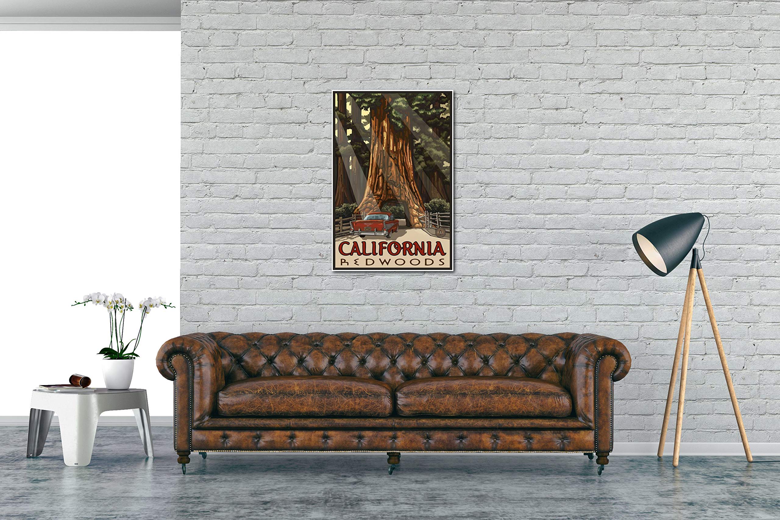 California Redwoods Car Thru Tree Giclee Art Print Poster From Travel Artwork By Artist Paul A. Lanquist 24'' X 36''