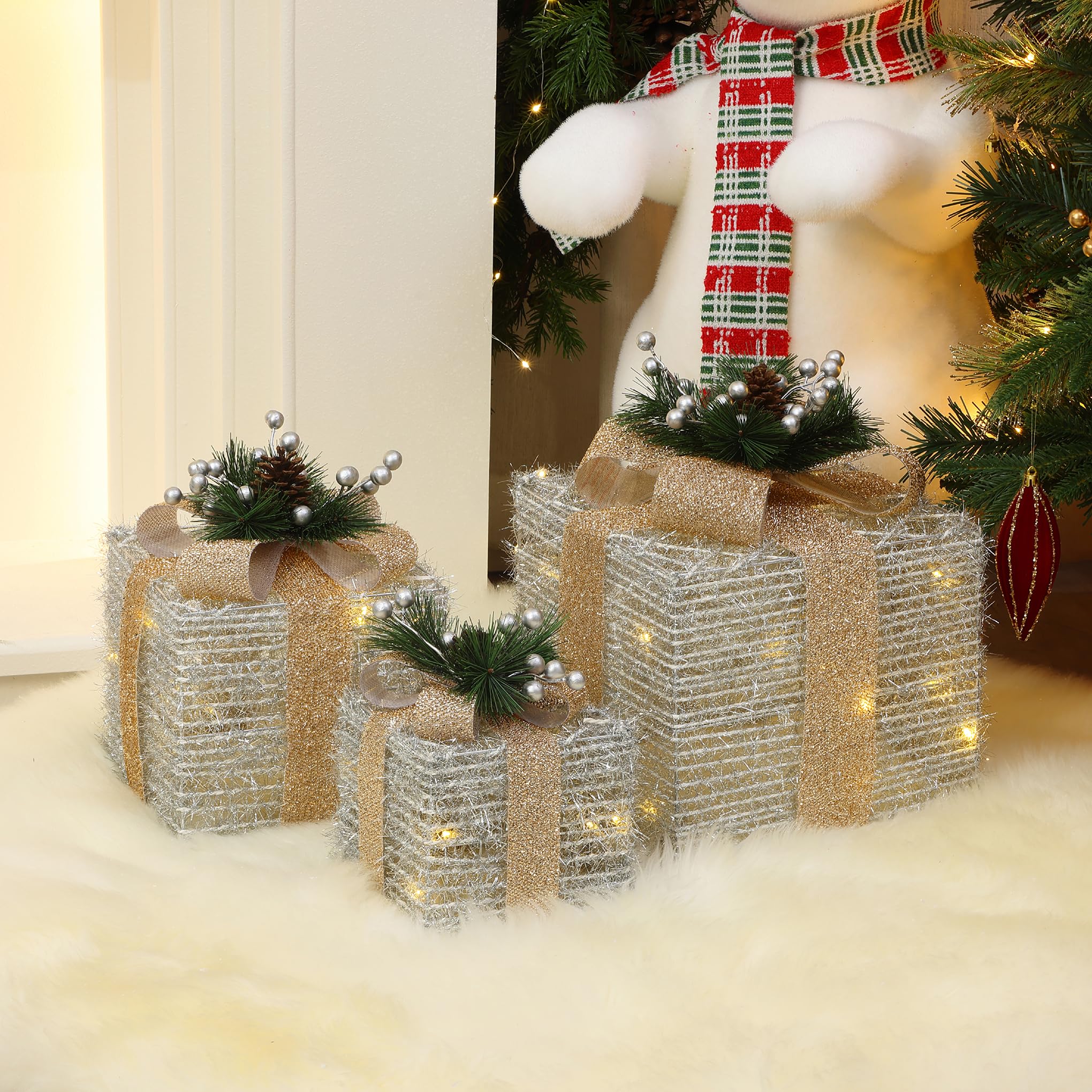 LuxenHome Set of 3 Lighted Gift Boxes, Battery Operated Silver Tinsel with Gold Ribbon Bow Boxes for Xmas, Lawn, Porch, Under Tr