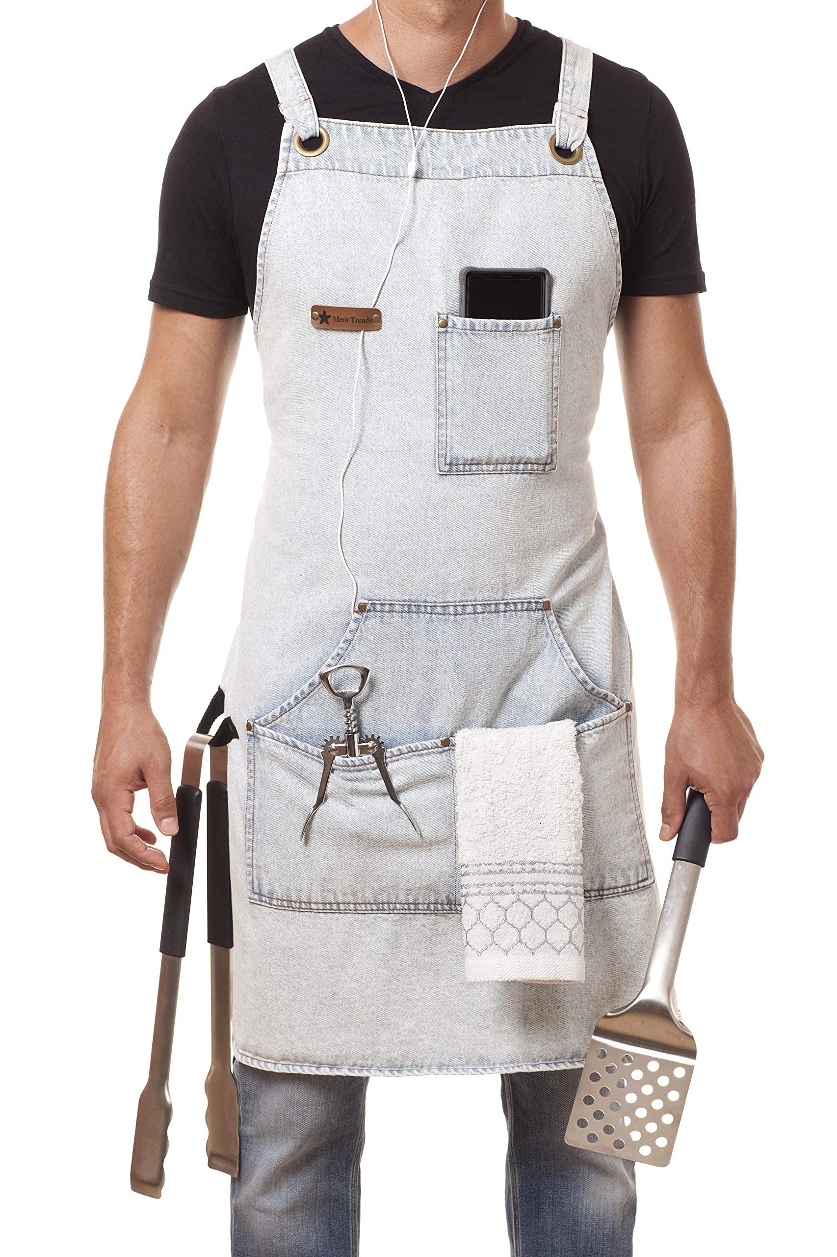 Arawak Brave Distressed Denim Apron Chef Kitchen Bbq Grill Light Blue Towel Loop + Quick Release Buckle + Tool Pockets Adjustabl