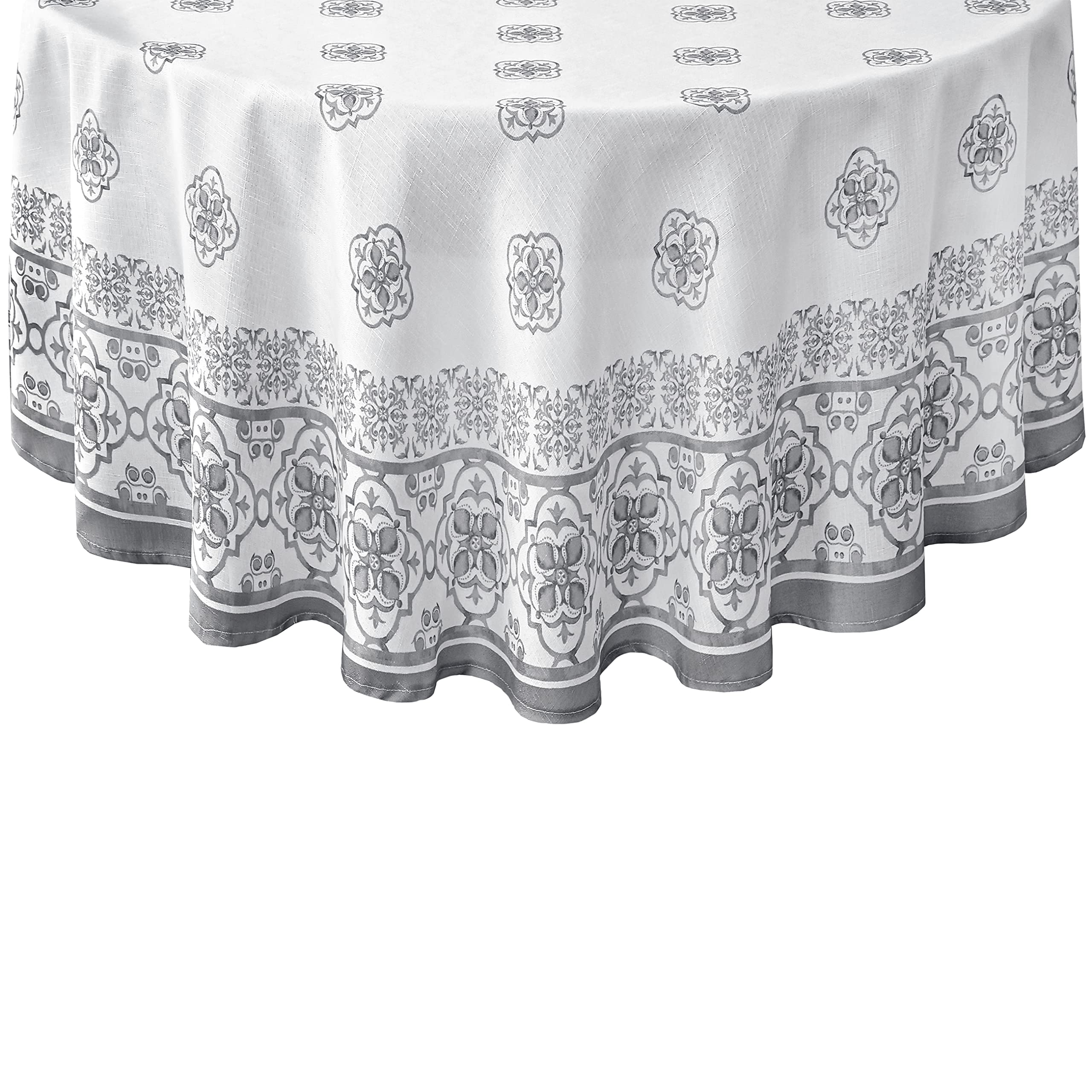 Newbridge Round Fabric Tablecloth, 70 Inch, Mykonos Grey Mediterranean, Indoor Outdoor Stain Resistant No-Iron Table Cloth, Grey