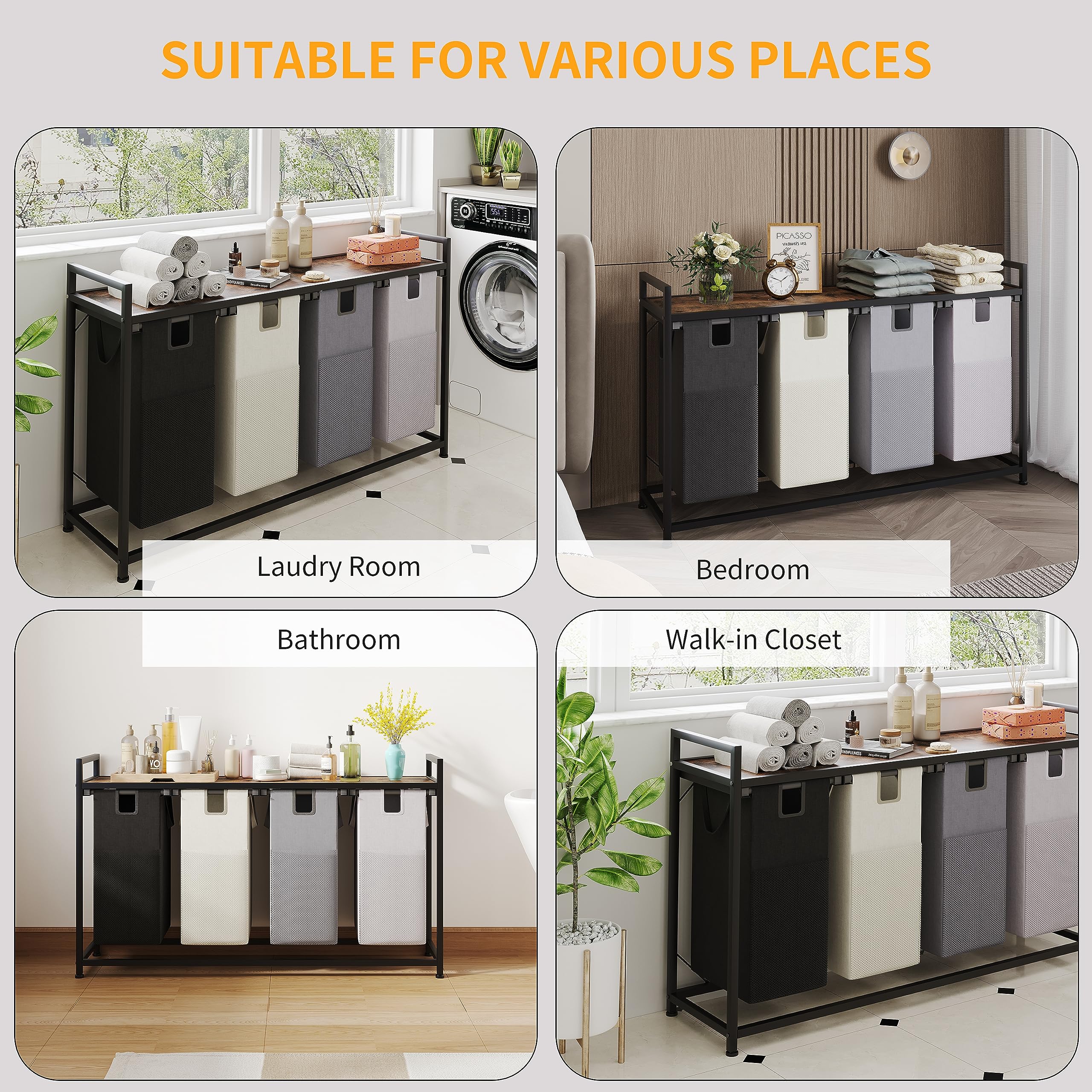 Livehom Laundry Basket Four Laundry Hamper With Removable Bags, Fabric Handles, Large Top Shelf And Laundry Bag For Bathroom, Do