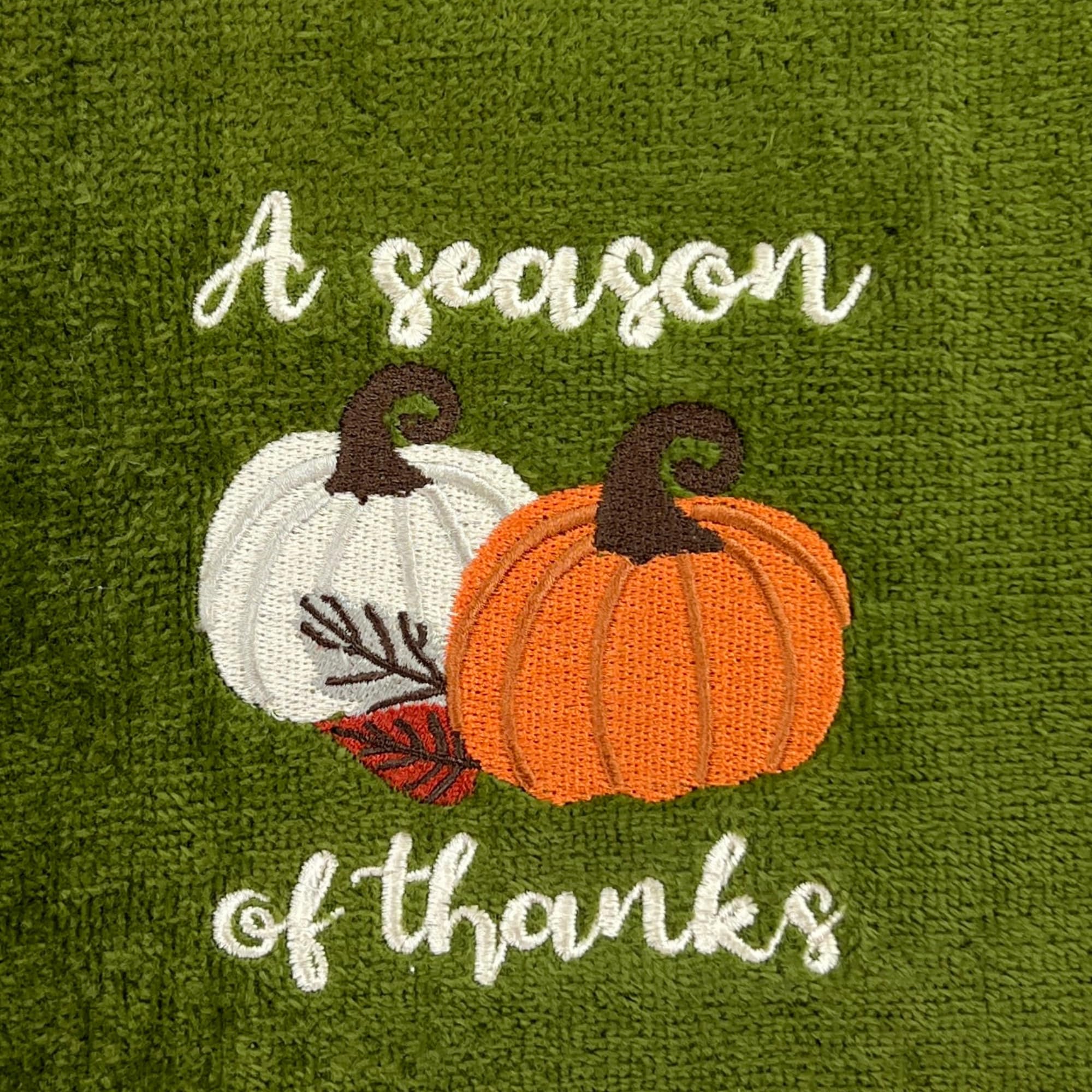Serafina Home Autumn Fall Bath Fingertip Towels, Forest Olive Dark Green, 100% Cotton, Embroidered A Season Of Thanks Pumpkin De