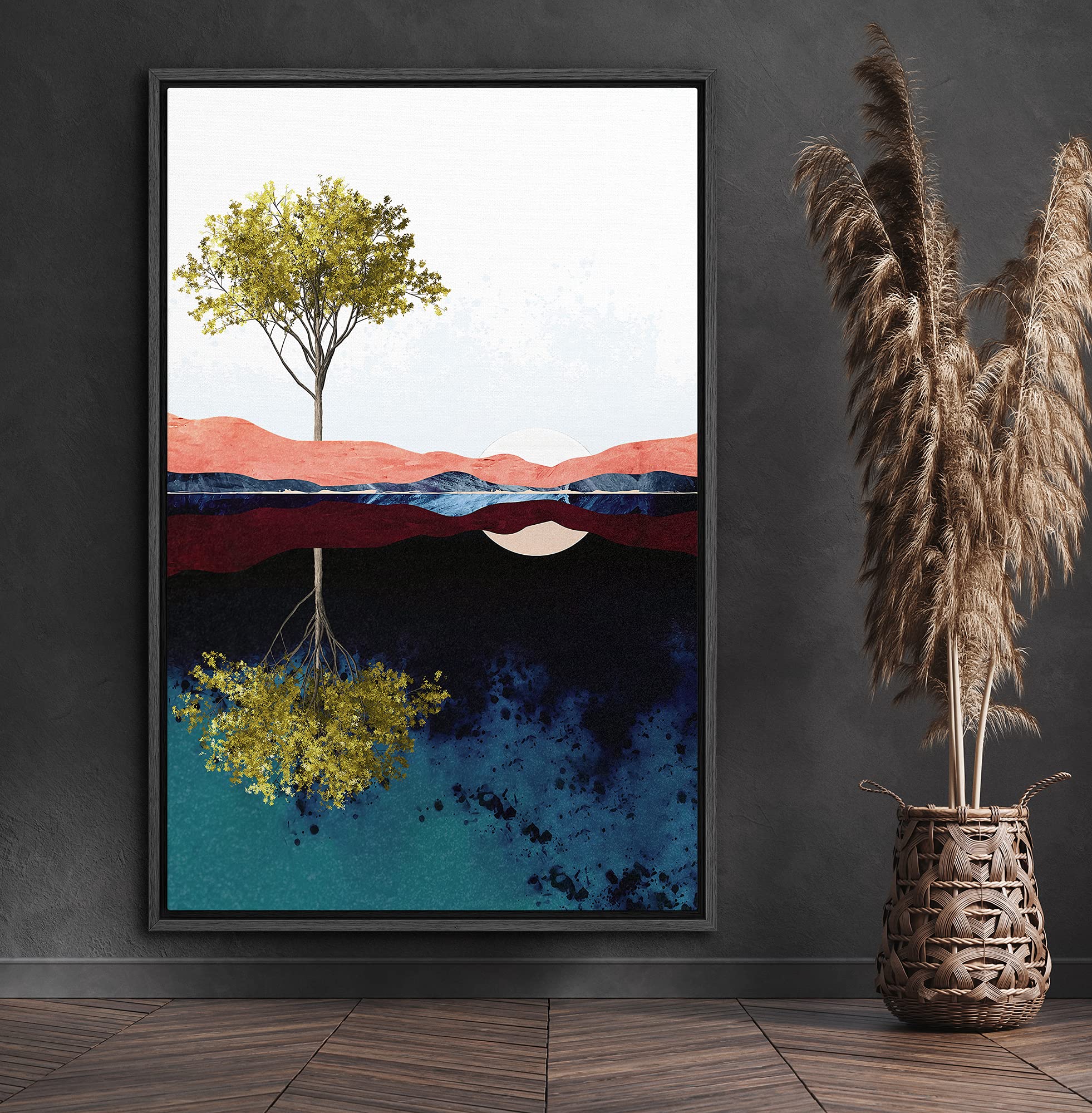Signford Framed Canvas Print Wall Art Green Tree Over Mountain Reflection Abstract Wilderness Illustrations Modern Art Contempor