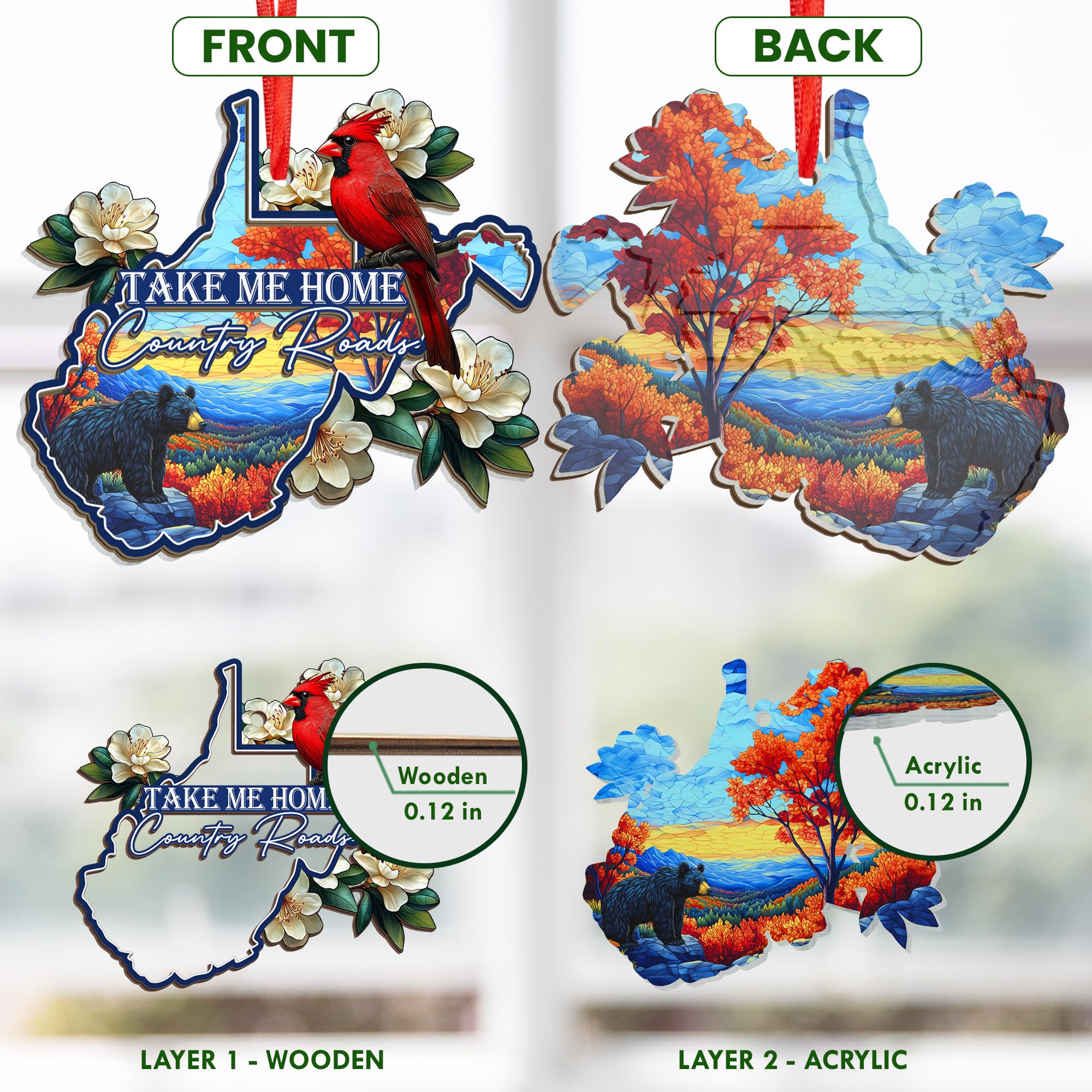 FLAGWIX West Virginia Gifts for Women Men - Suncatcher West Virginia Christmas Ornaments 2025 - Rhododendron Flower and Cardinal