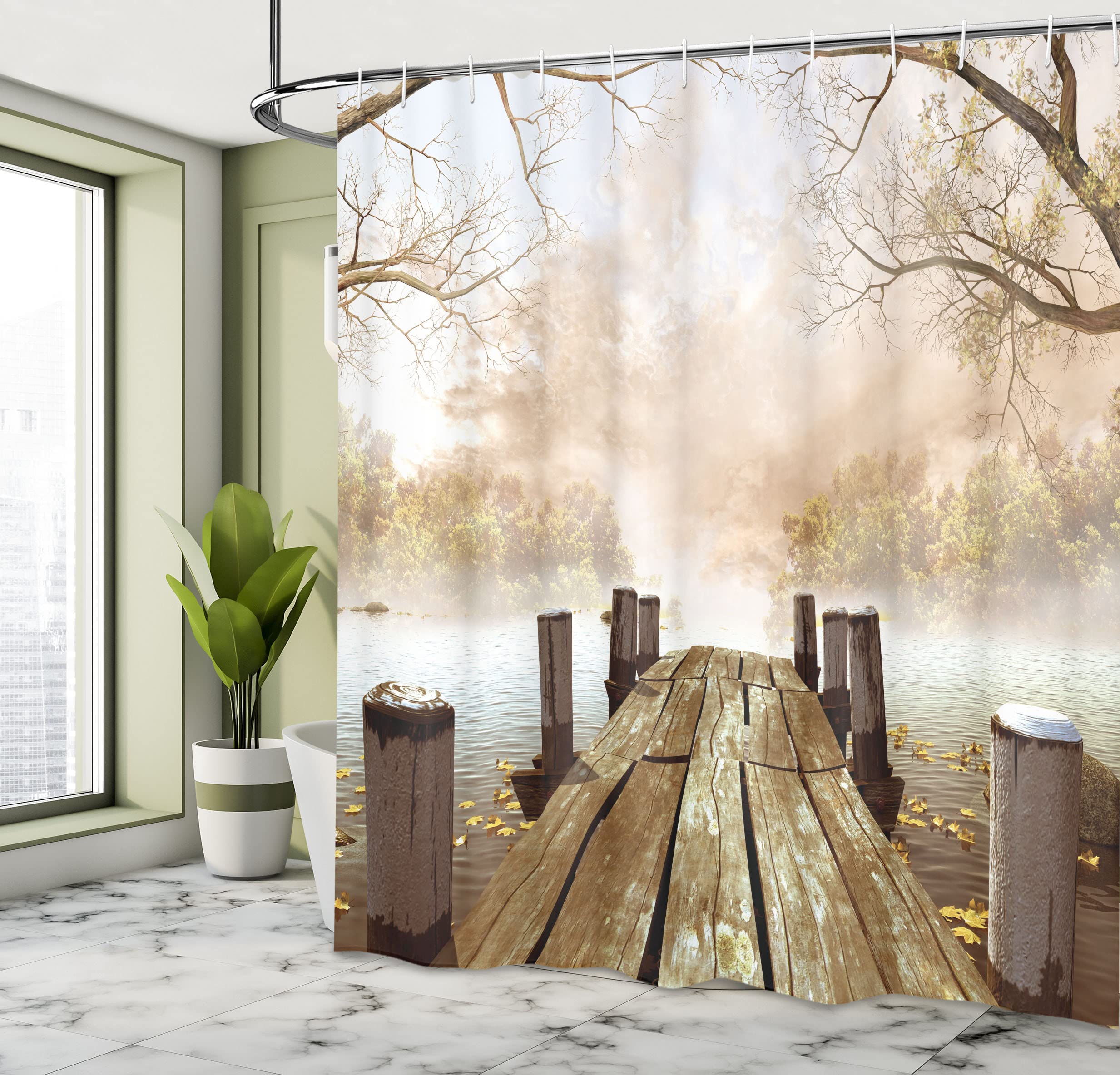 Ambesonne Fall Wooden Foggy Scene Lake River Print Polyester Fabric Shower Curtain - Extra Long, Beige Brown Taupe 69'' W By 75'