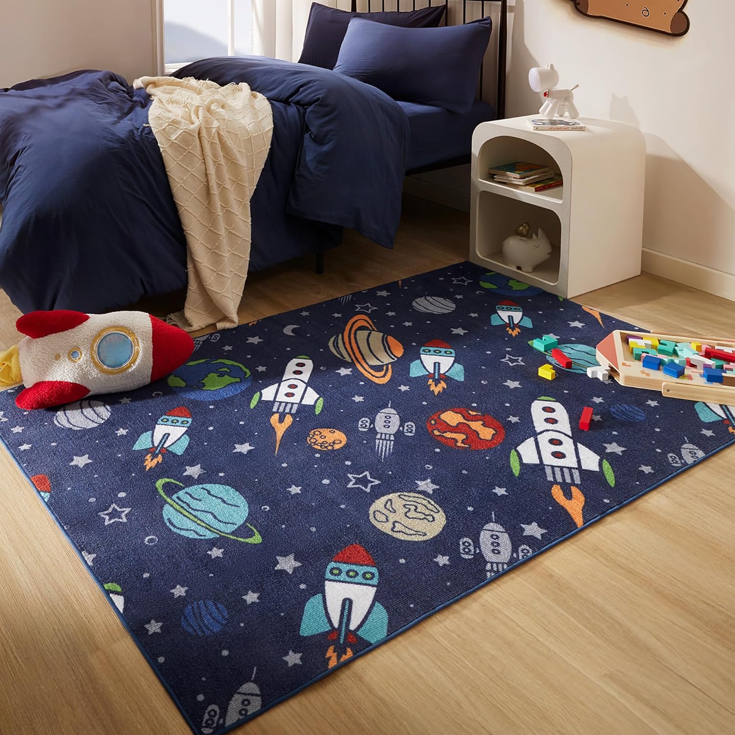 Machine Washable Non Slip Kids Rugs for Living Room & Bedroom - Rocket Galaxy