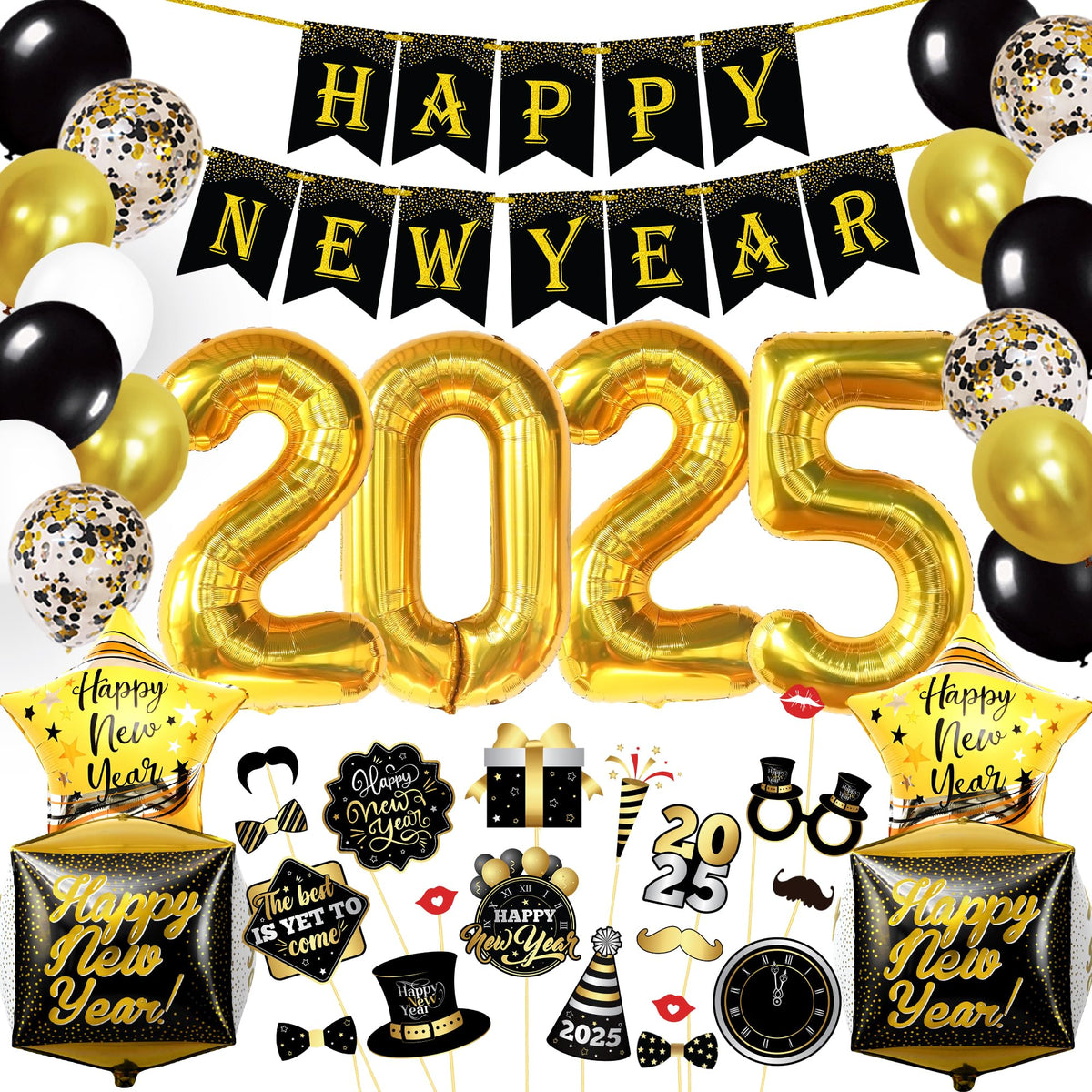 Katchon, New Years Eve Party Supplies 2025 - Huge, Set Of 76 | Black And Gold Happy New Year Banner, 2025 Balloon Numbers | New