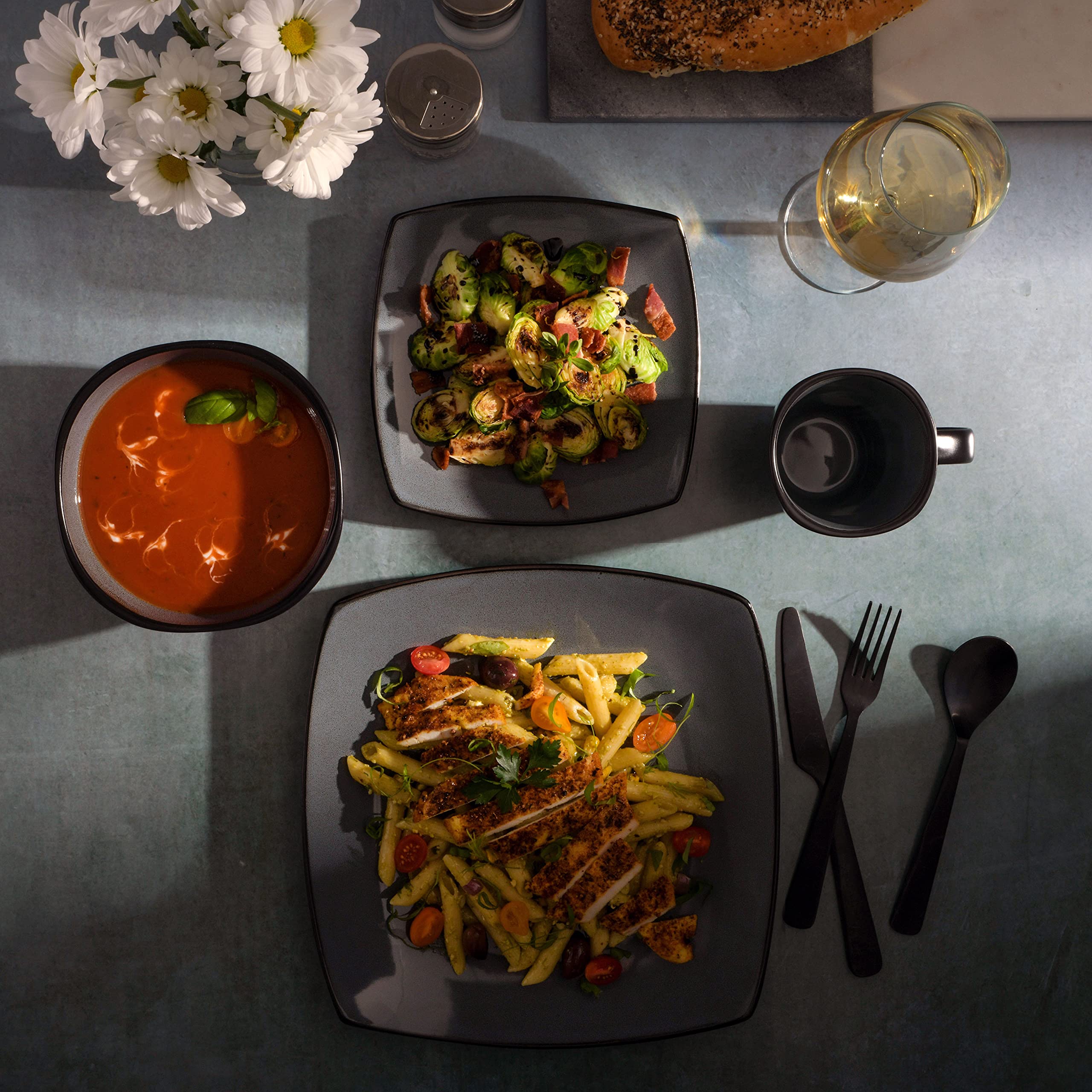 Gibson Soho Lounge Square Reactive Glaze Stoneware Dinnerware Set, Service for 4 (16pc), Eclipse