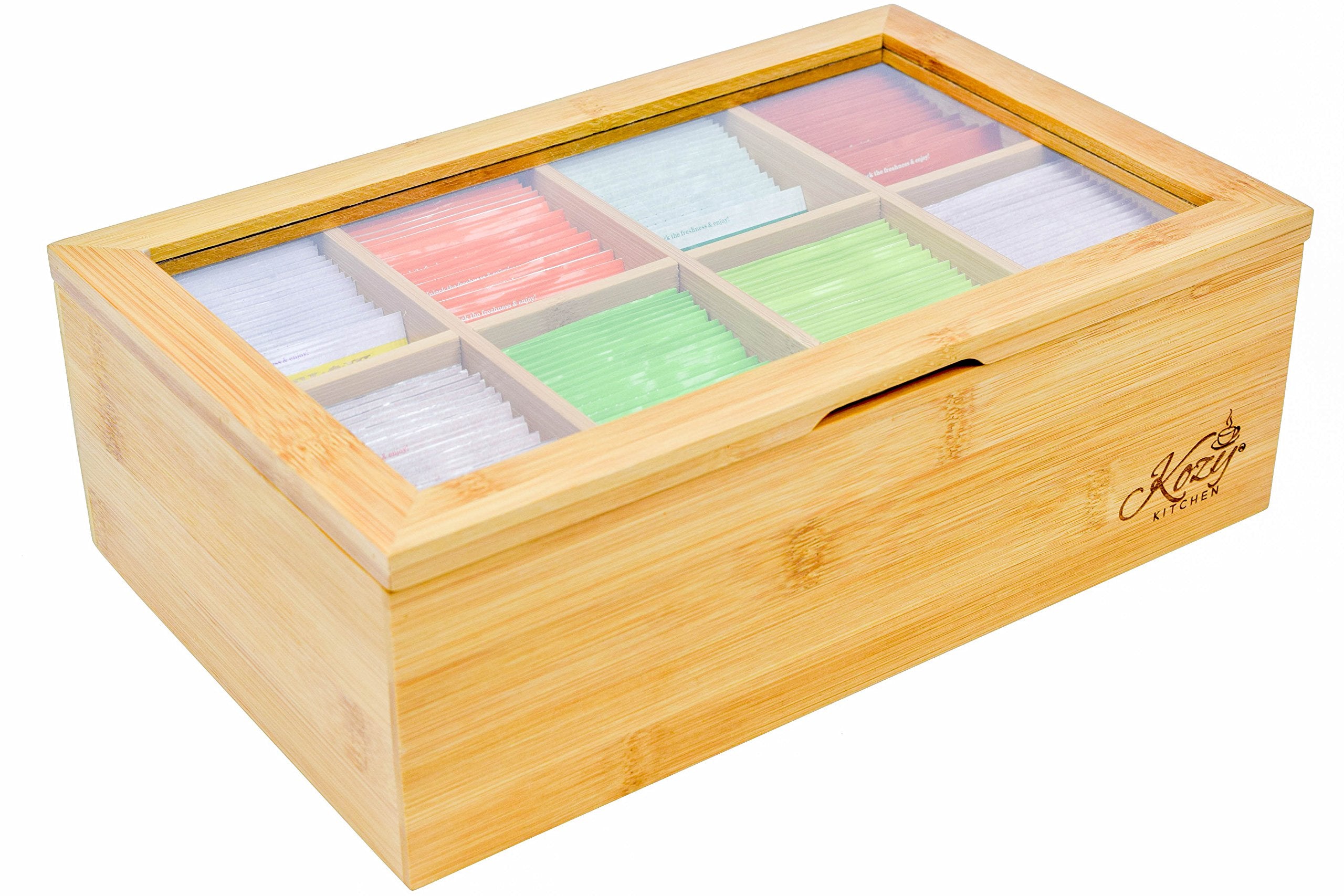 Kozy Kitchen Tea Box Storage Organizer| Large 8-Storage Compartments And Clear Shatterproof Hinged Lid Tea Chest|Enhanced Organi