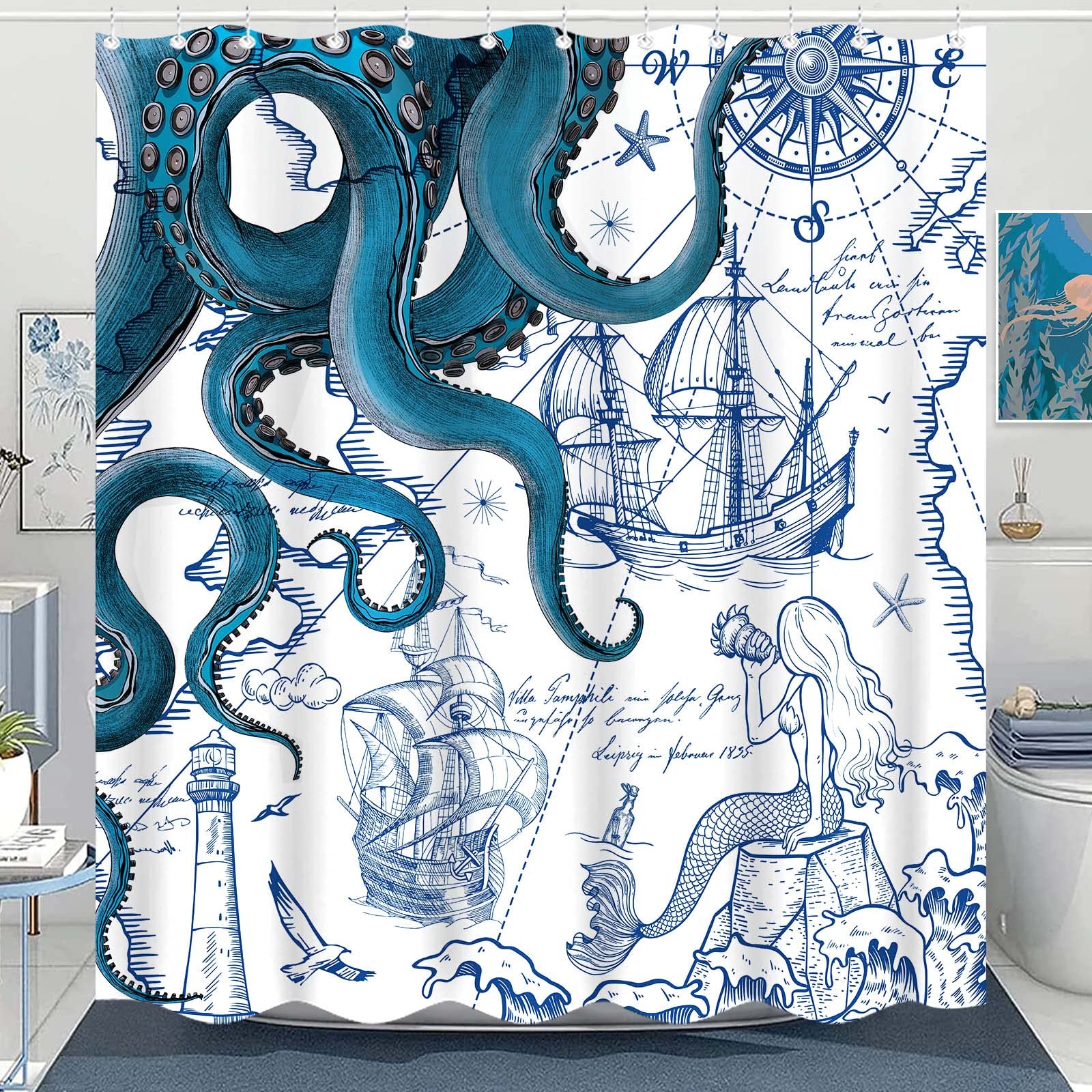 Fungarth Long Blue Nautical Octopus Shower Curtain Navy Mermaid Funny Ocean Kraken Shower Curtains For Bathroom Cool Anchor Coas