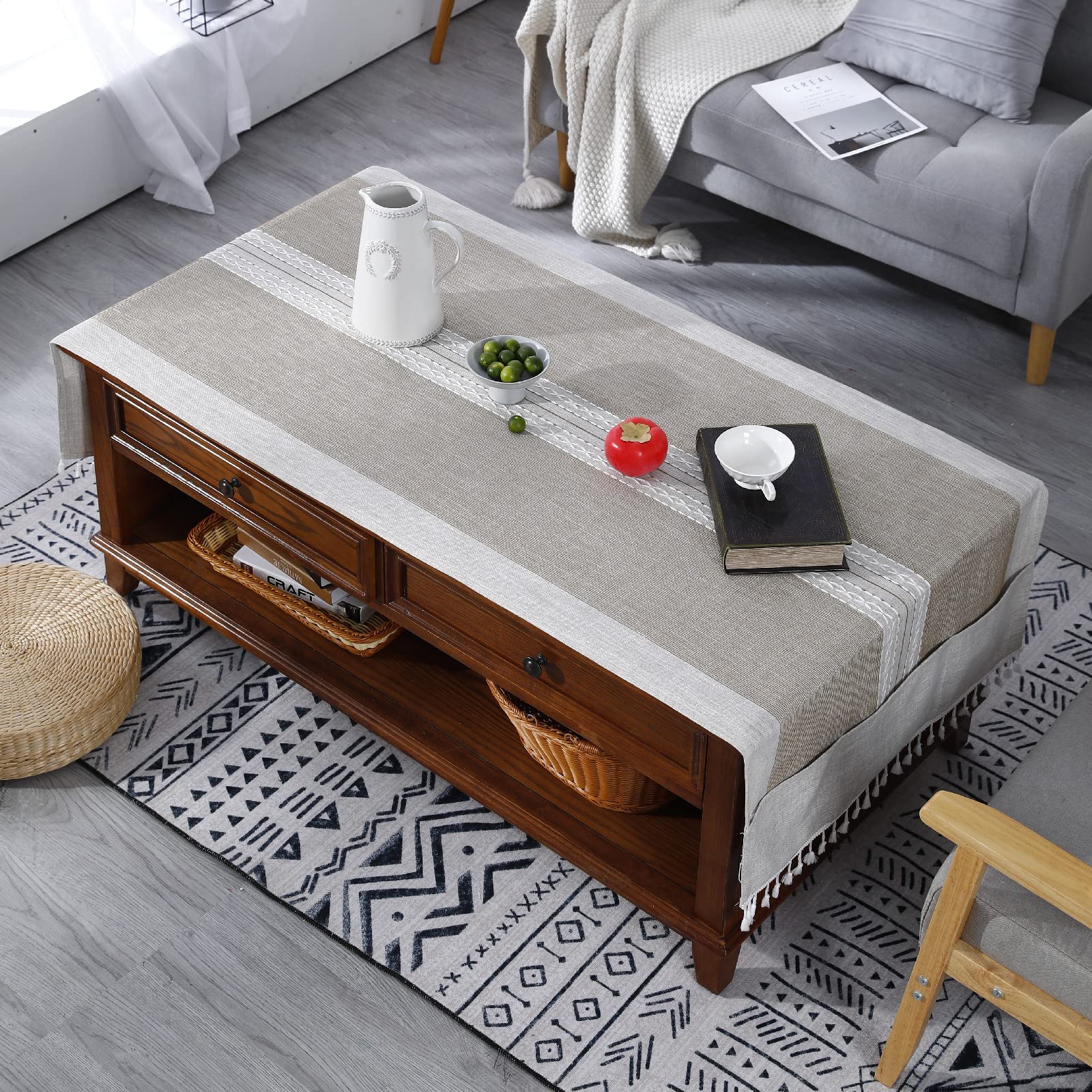 Zmnszbd Linen Tassel Coffee Living Room Rectangular Tablecloth Cover With Pockets