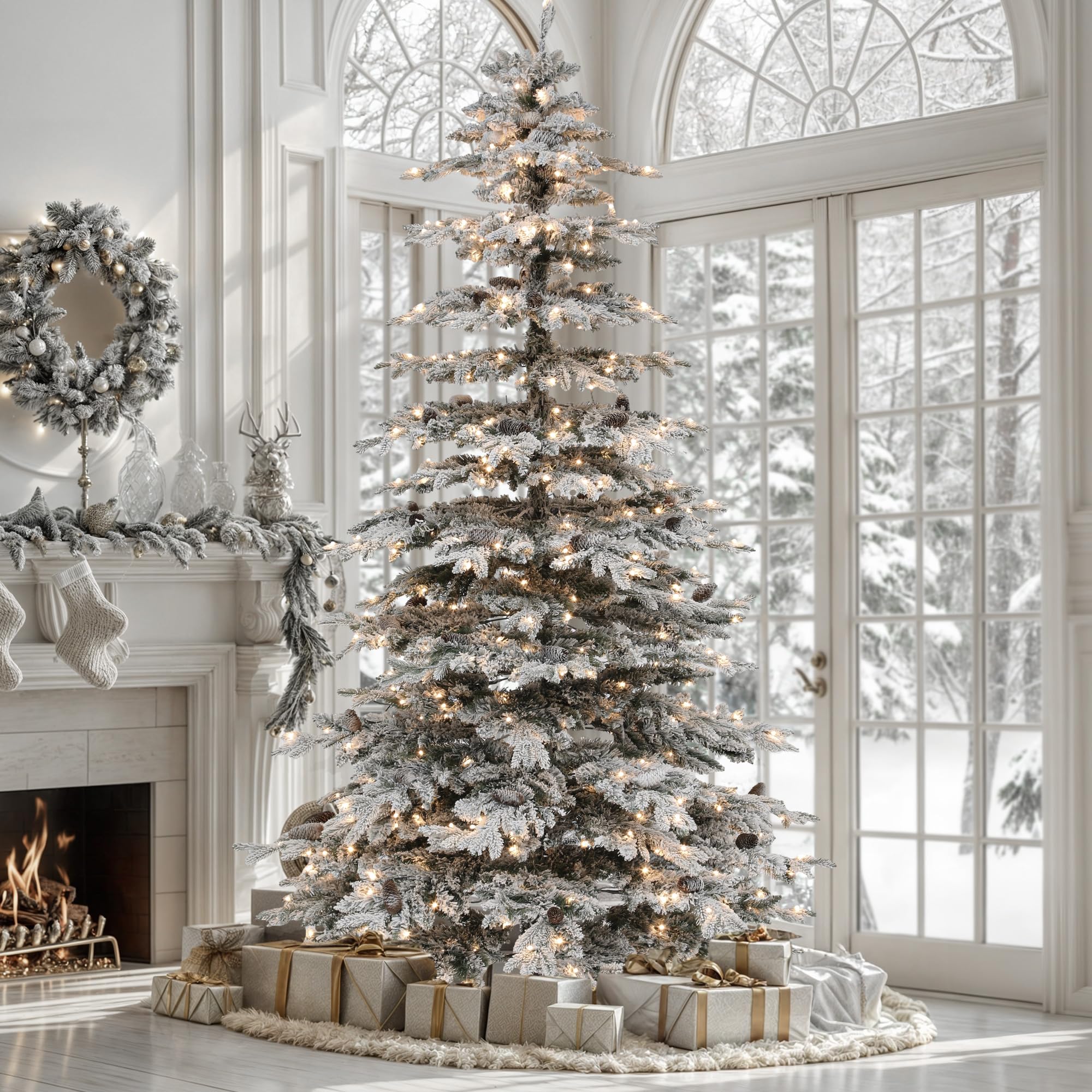 YITAHOME 9FT Prelit Flocked Christmas Tree w/Remote, Pre-Decorated Mountain Pine Hierarchical Tower Flocked Xmas Tree w/ 1818 Ti