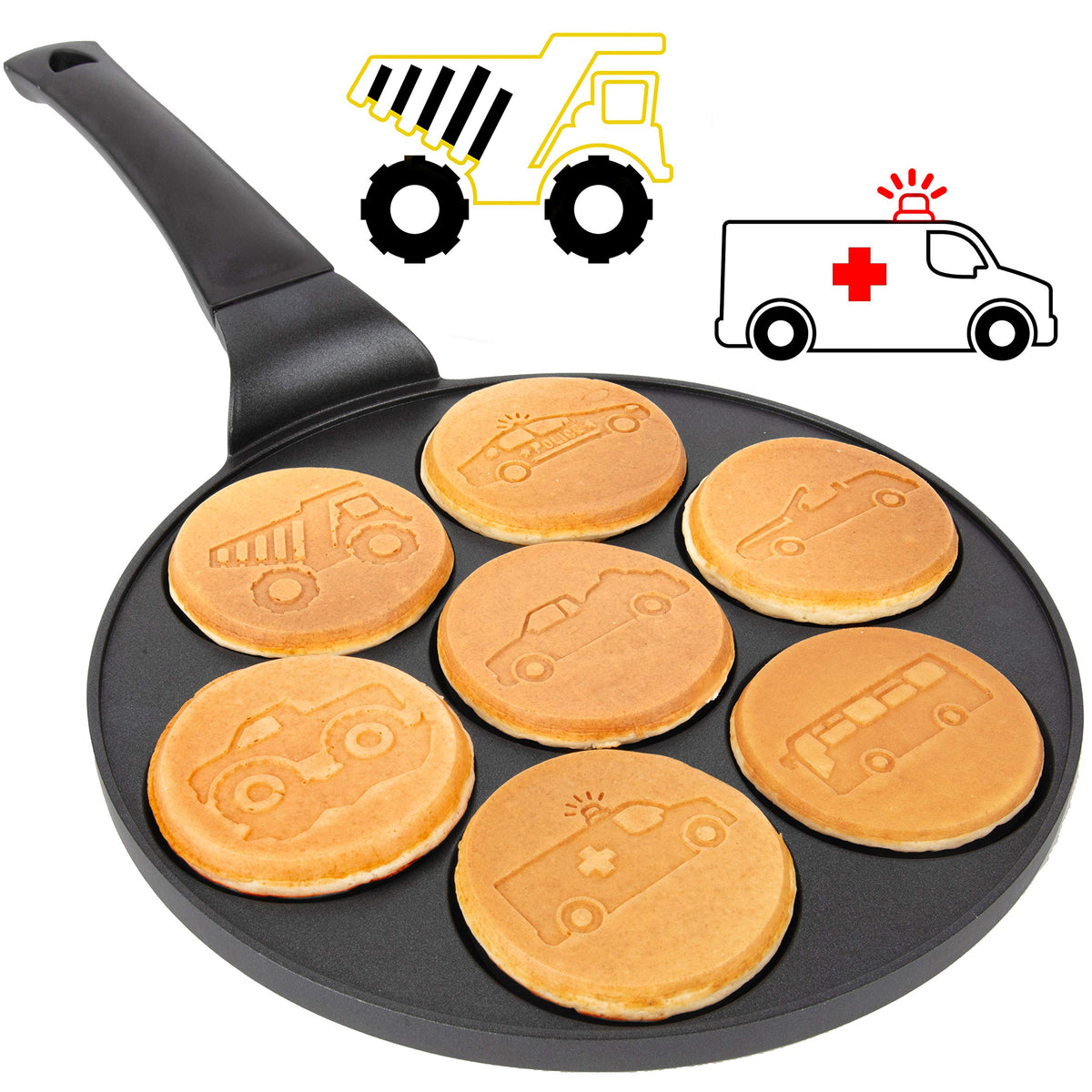 Car & Truck Mini Pancake Pan - Make 7 Unique Flapjack Cars, Nonstick Pan Cake Maker Griddle For Breakfast Fun & Easy Cleanup, Un