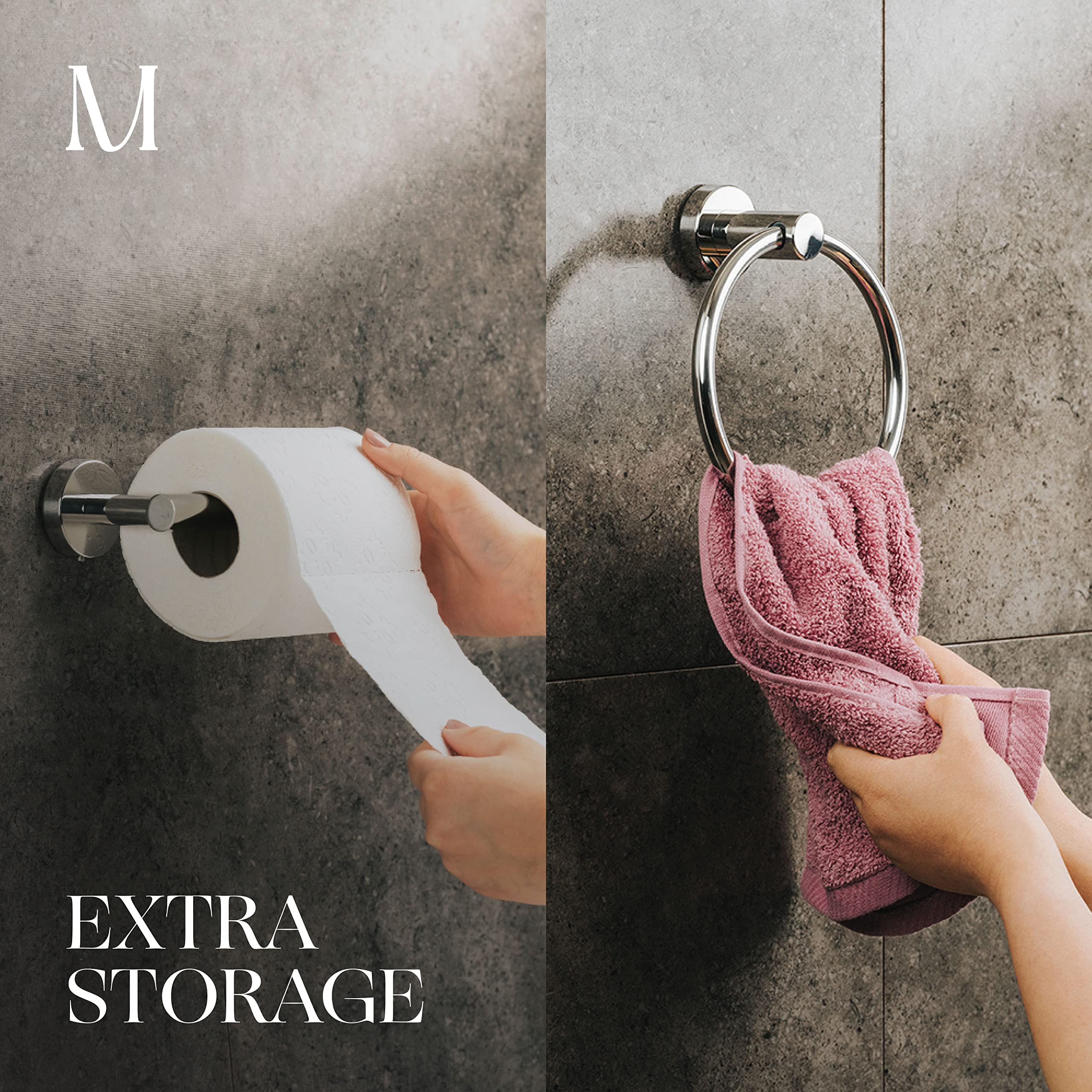 Marmolux Acc 2 PCS Chrome Bathroom Hardware Set - Hand Towel Holder for Bathroom Wall + Toilet Paper Holder Wall Mount | Towel Holder Hanger Rack Stainless Steel Bathroom Set