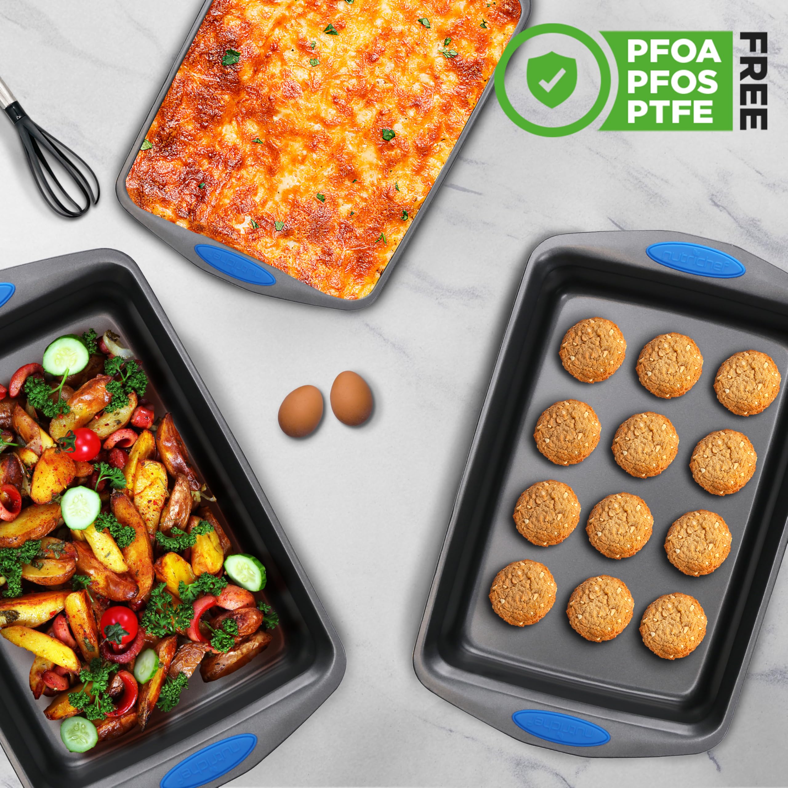 Nutrichef 3-Piece Baking Pan Set - Premium Nonstick Carbon Steel Bakeware W/ Silicone Handles - Includes Large, Medium, & Small