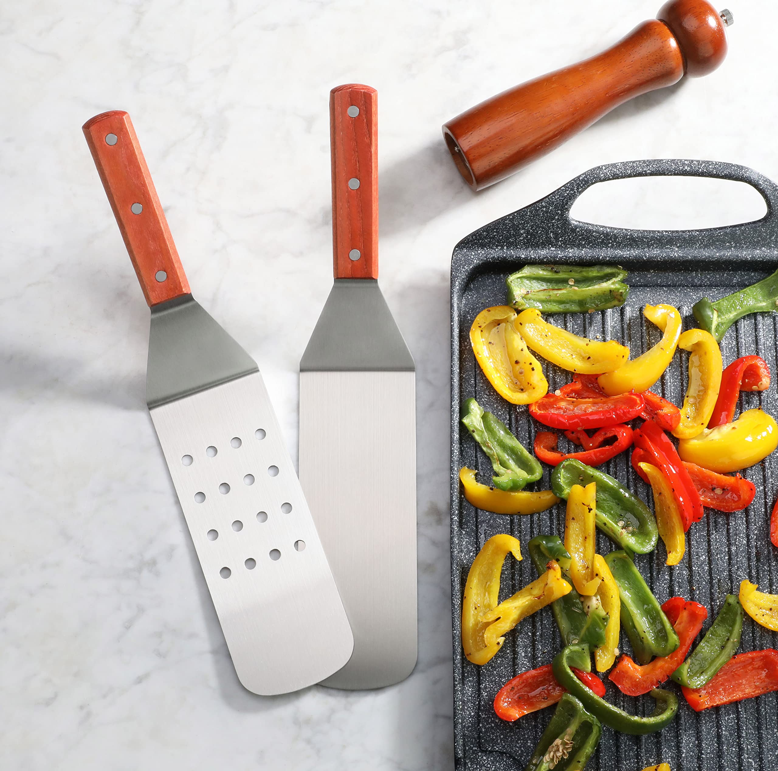 New Star Foodservice 36312 Wood Handle Flexible Grill Turner/Spatula, Perforated, 14.5-Inch