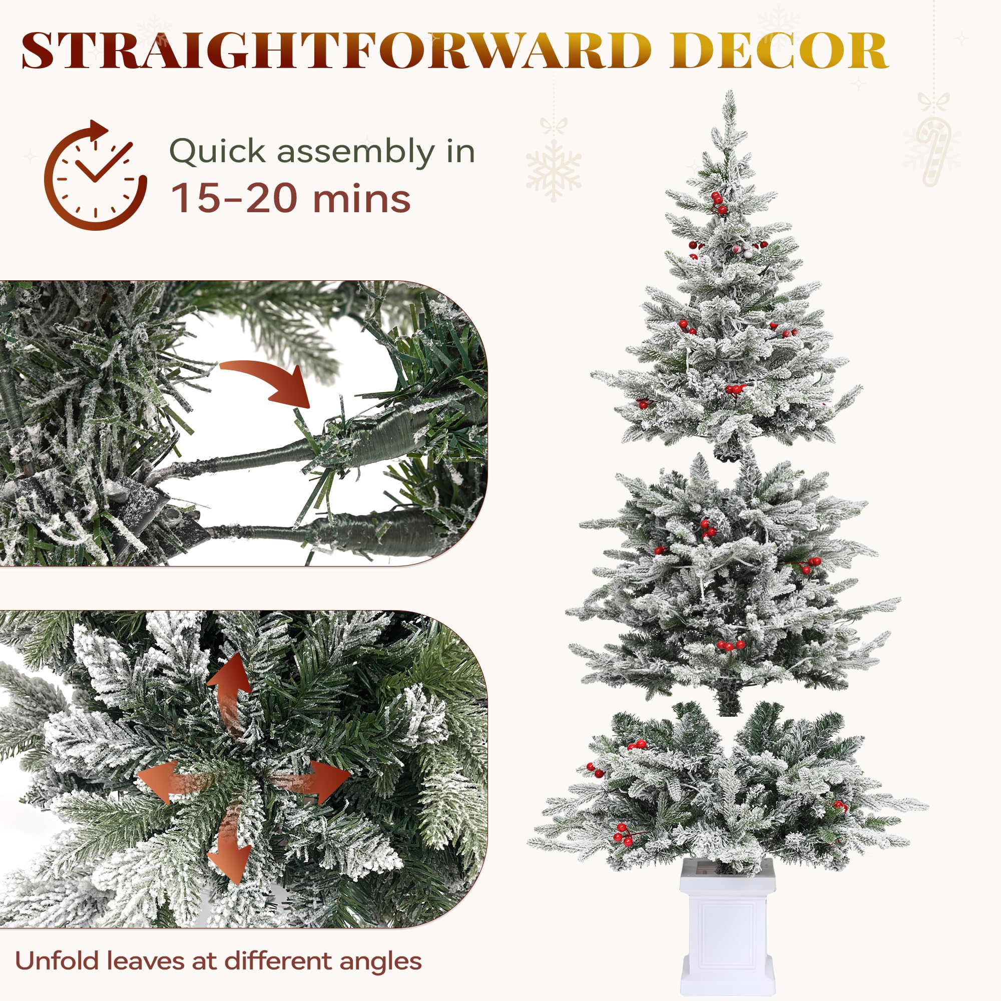 YITAHOME 6ft Potted Prelit Flocked Pencil Christmas Tree, Pre-Decorated Slim Arctic Fir with 520 PE & PVC Mixed Branch Tips and