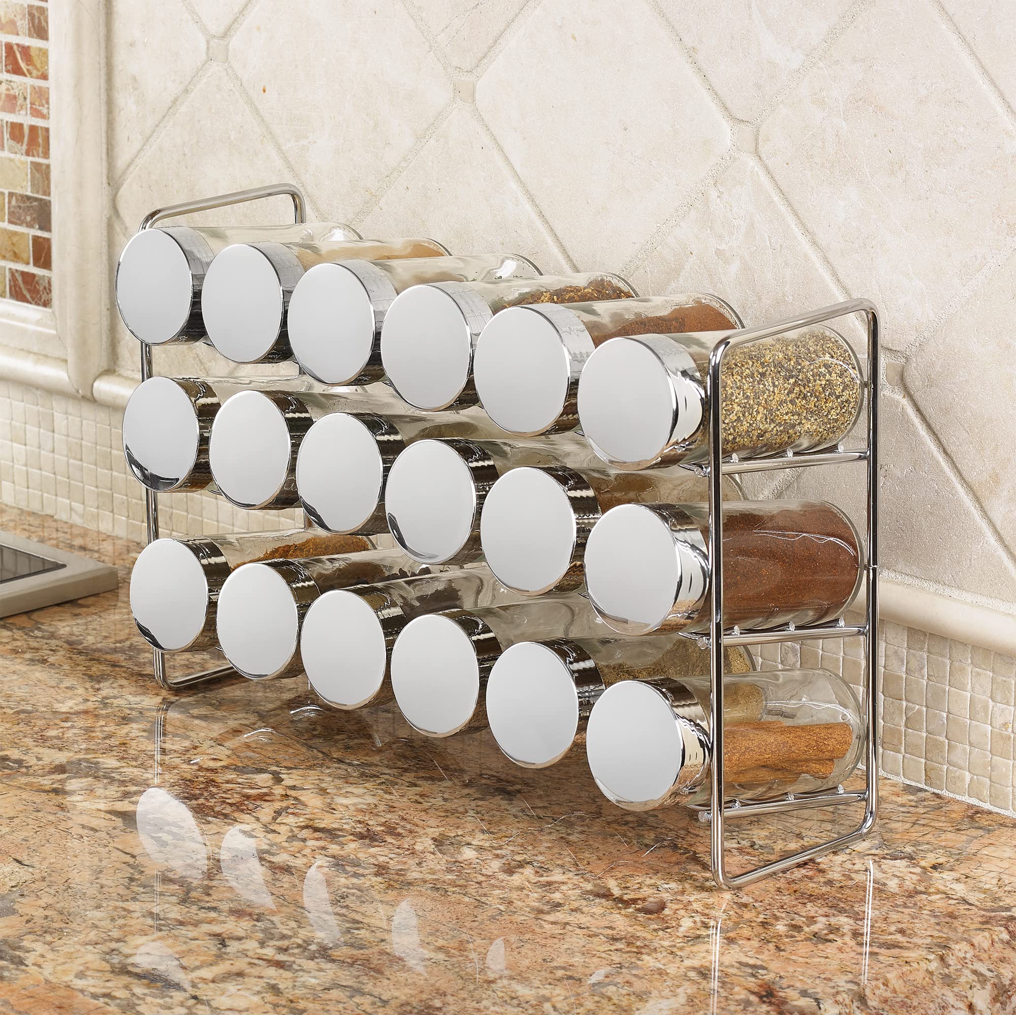 Polder Chrome 18-Jar Compact Spice Rack, 18-5 Ounce Glass Jar Has Perforated Shaker Caps, Chrome Plated Lids, Sleek Enough For C