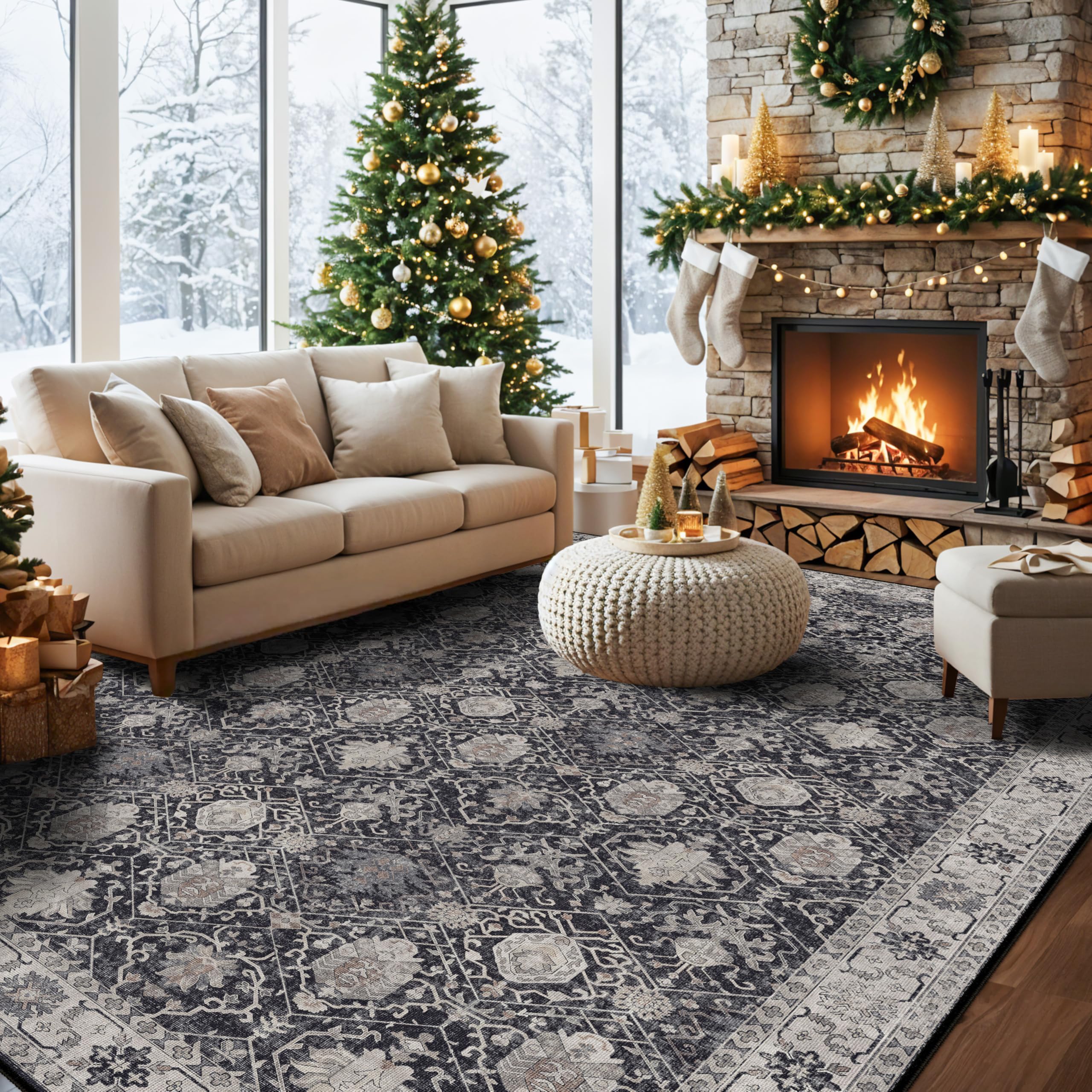 Washable Large 9x12 Area Rug: Indoor Oriental Living Room Carpet with Non Slip Backing Ultra Soft Low Pile Rugs for Bedroom Dini