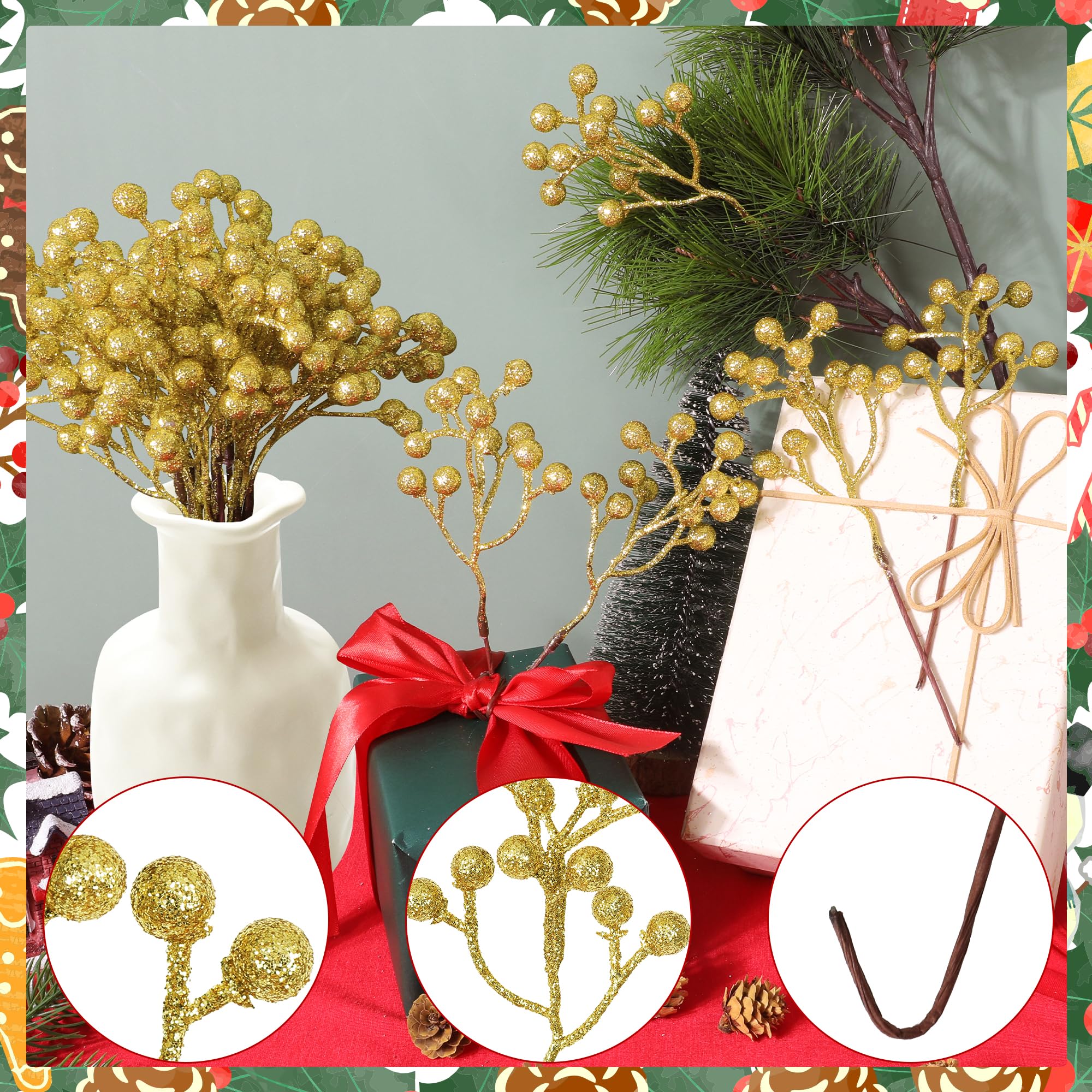 Vipay 24 PCS Christmas Tree Decorations, 7.08 in Gold Christmas Picks, Artificial Holly Berry Stems Berries Picks for DIY Flower