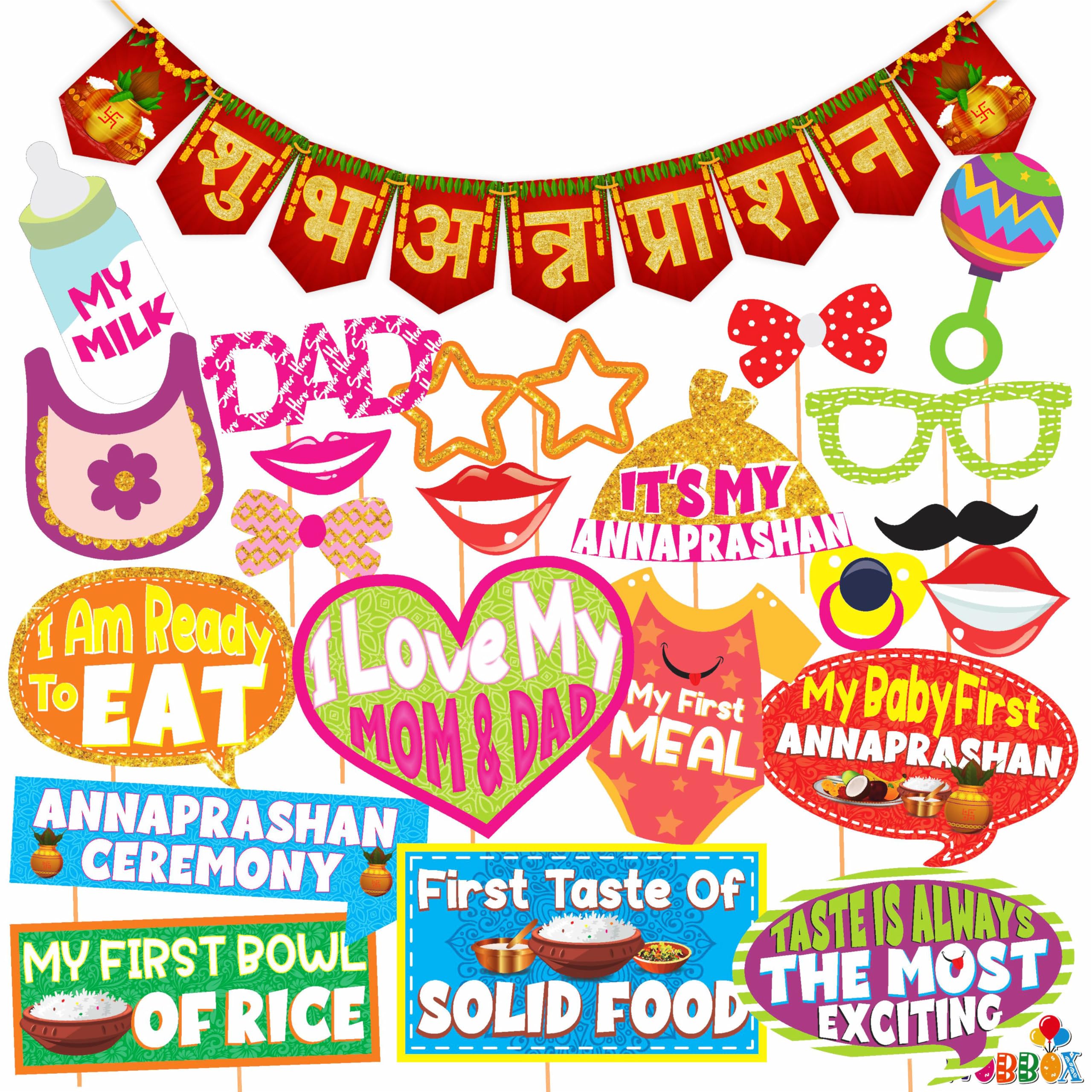 WOBBOX Photo Booth Party Props with Bunting Banner Hindi Shubh Annaprashan Red & Golden Gliter Color Font, Decoration Item