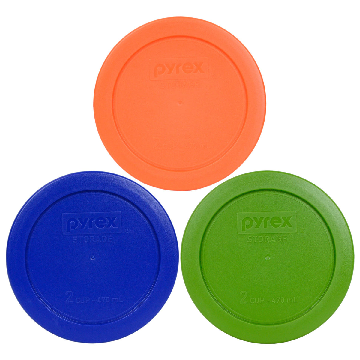 Pyrex 7200-Pc 2 Cup (1) Green, (1) Orange, And (1) Cobalt Blue Round Plastic Lid, Made In Usa