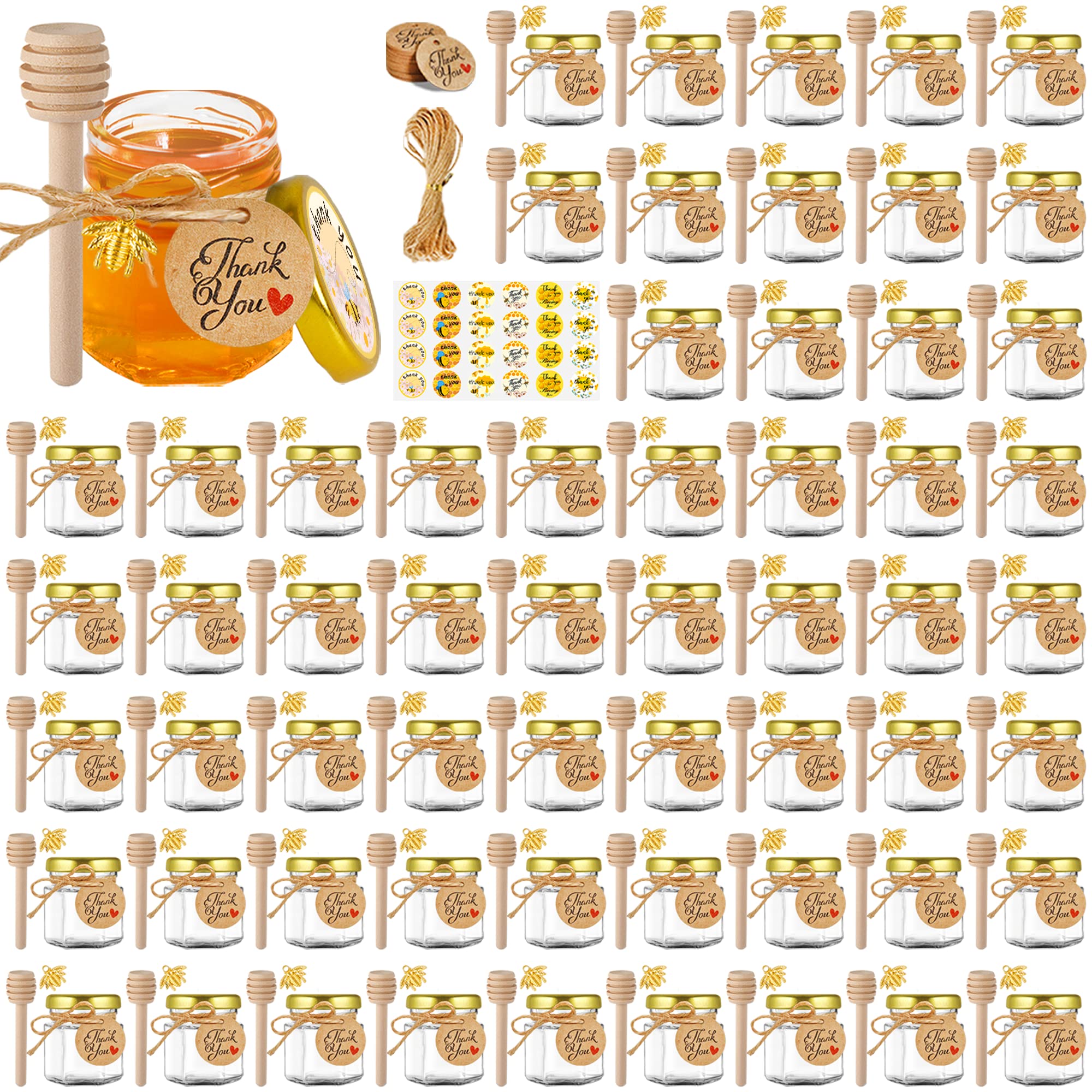 Givameihf Mini Glass Honey Jars-1.5 Oz,60Pcs Hexagon Honey Jars With Wood Dipper,Stickers,Bee Pendants,Tags,Rope,Small Honey Jar
