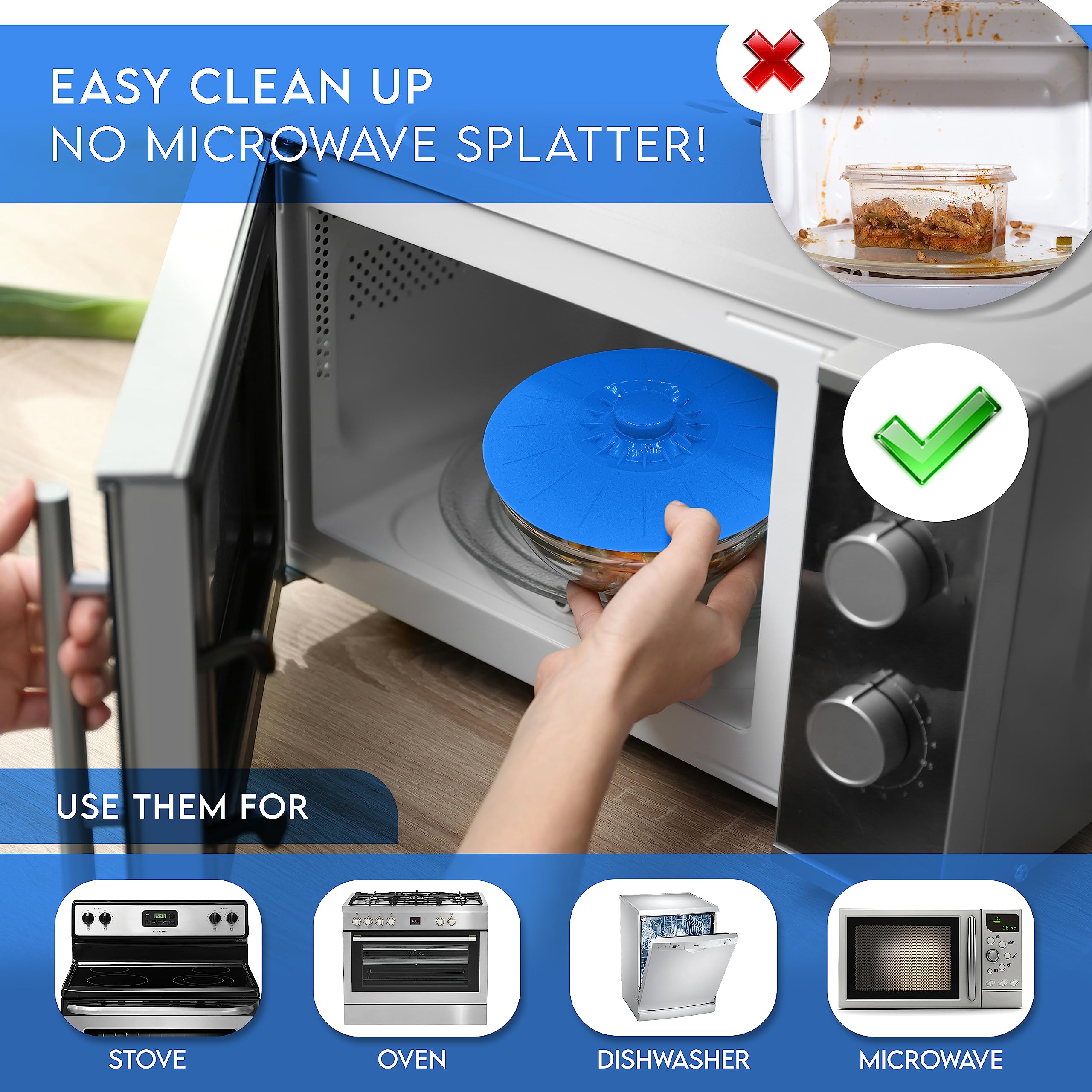 Silicone Bowl Lids Blue Set Of 5 Reusable Suction Seal Covers For Bowls, Pots, Cups. Food Safe. Natural Grip, Interlocking Handl