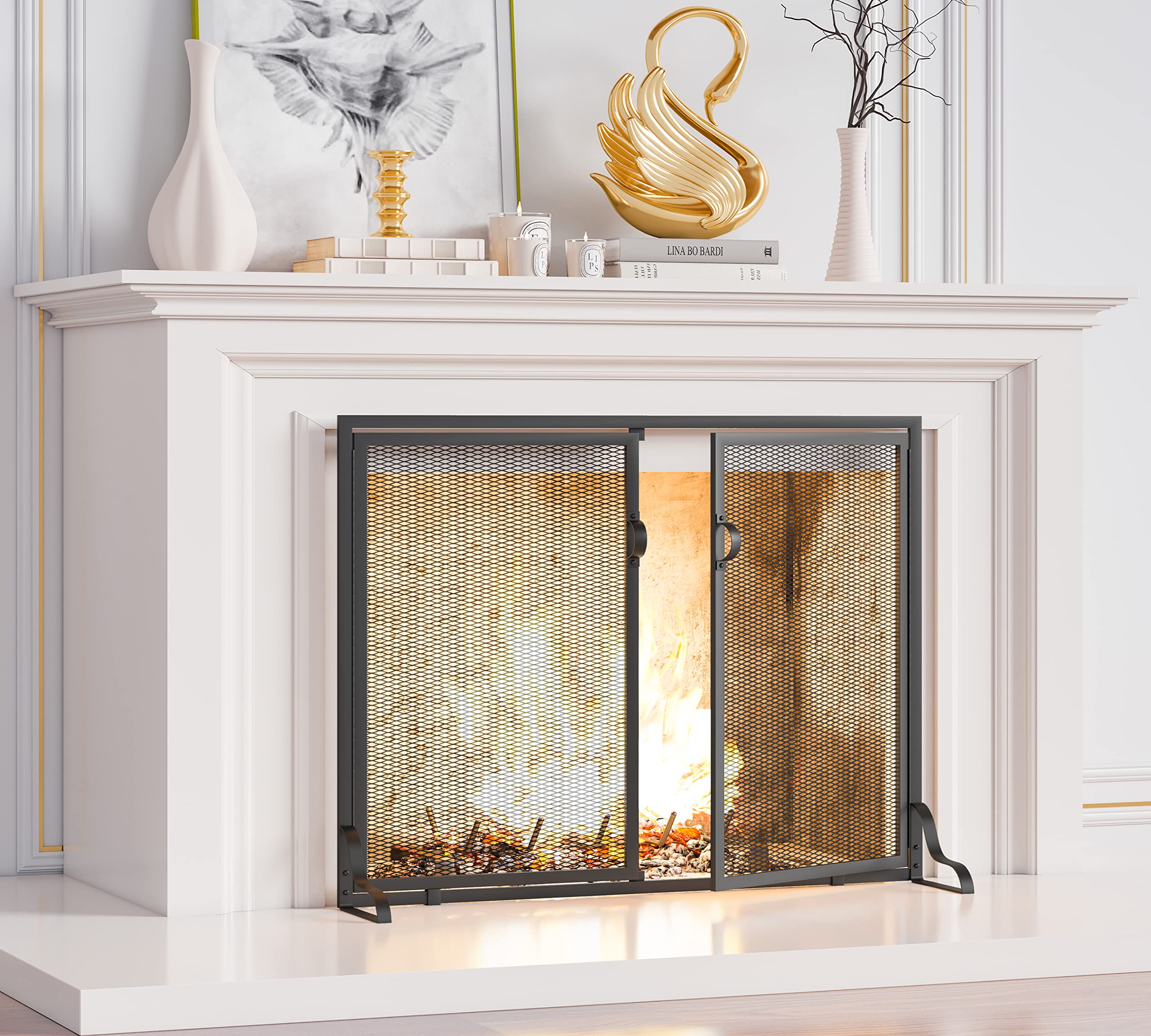 Kingson 37.8X30.7 In Flat Fireplace Screen With Doors, 2-Pannel Handcrafted Solid Wrought Iron Decorative Mesh Classic Fireplace