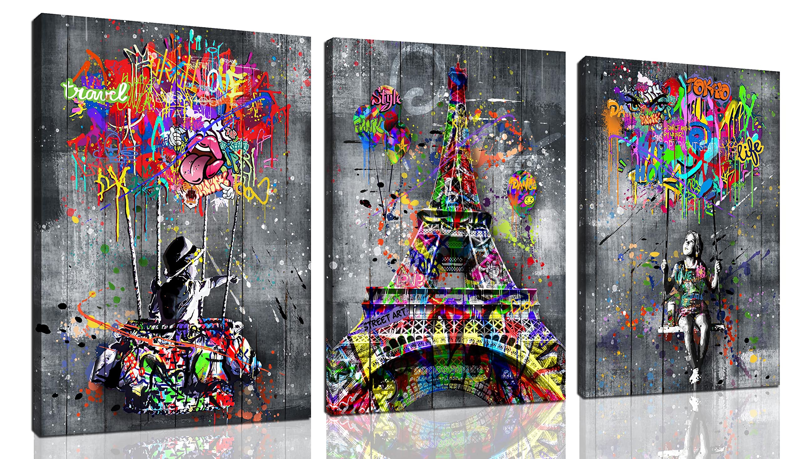 Sixttart Banksy Canvas Wall-Art 3 Piece Graffiti Art Wall Decor Paris Eiffel Tower Wall Decor For Bedroom Ready To Hang Size 16'