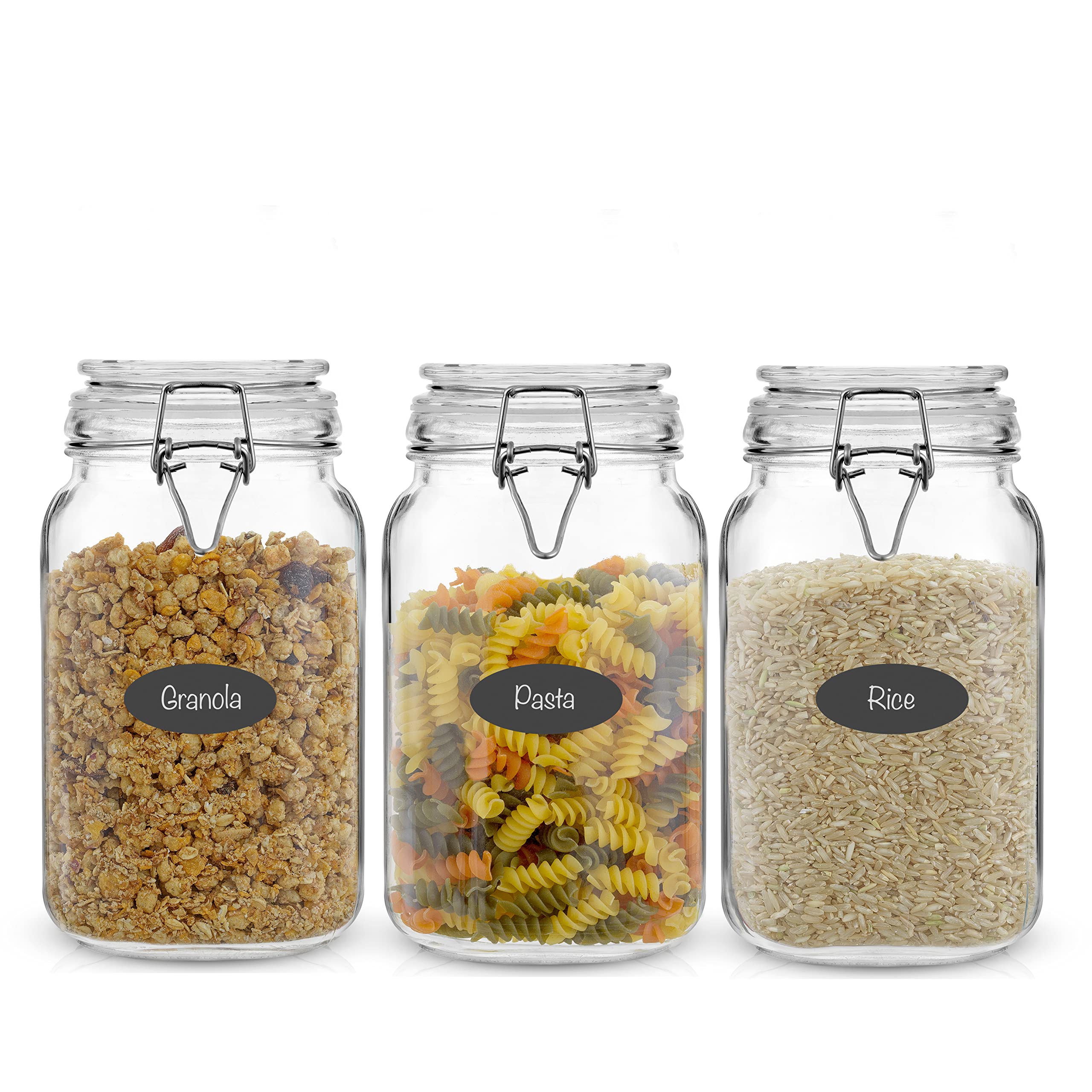 JoyJolt Airtight Glass Jars with Lids Set of 3. 50oz Glass Jar with Lid and 6 Silicone Seals! Med Glass Food Storage Containers.