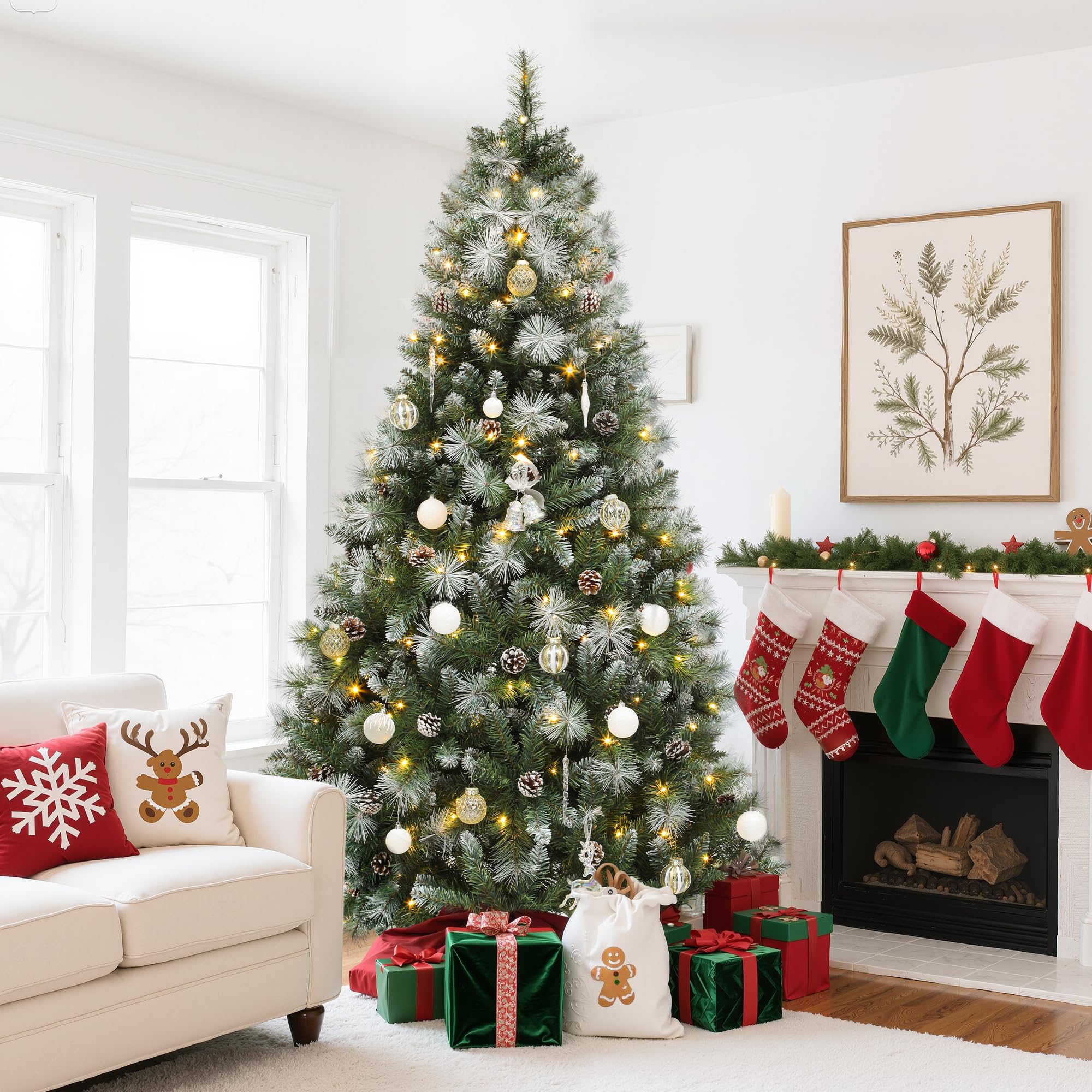 YITAHOME 6ft Prelit Scotch Pine Christmas Tree with Remote Control, Pre-Decorated Frosted Christmas Tree with Pine-Cones & Needl