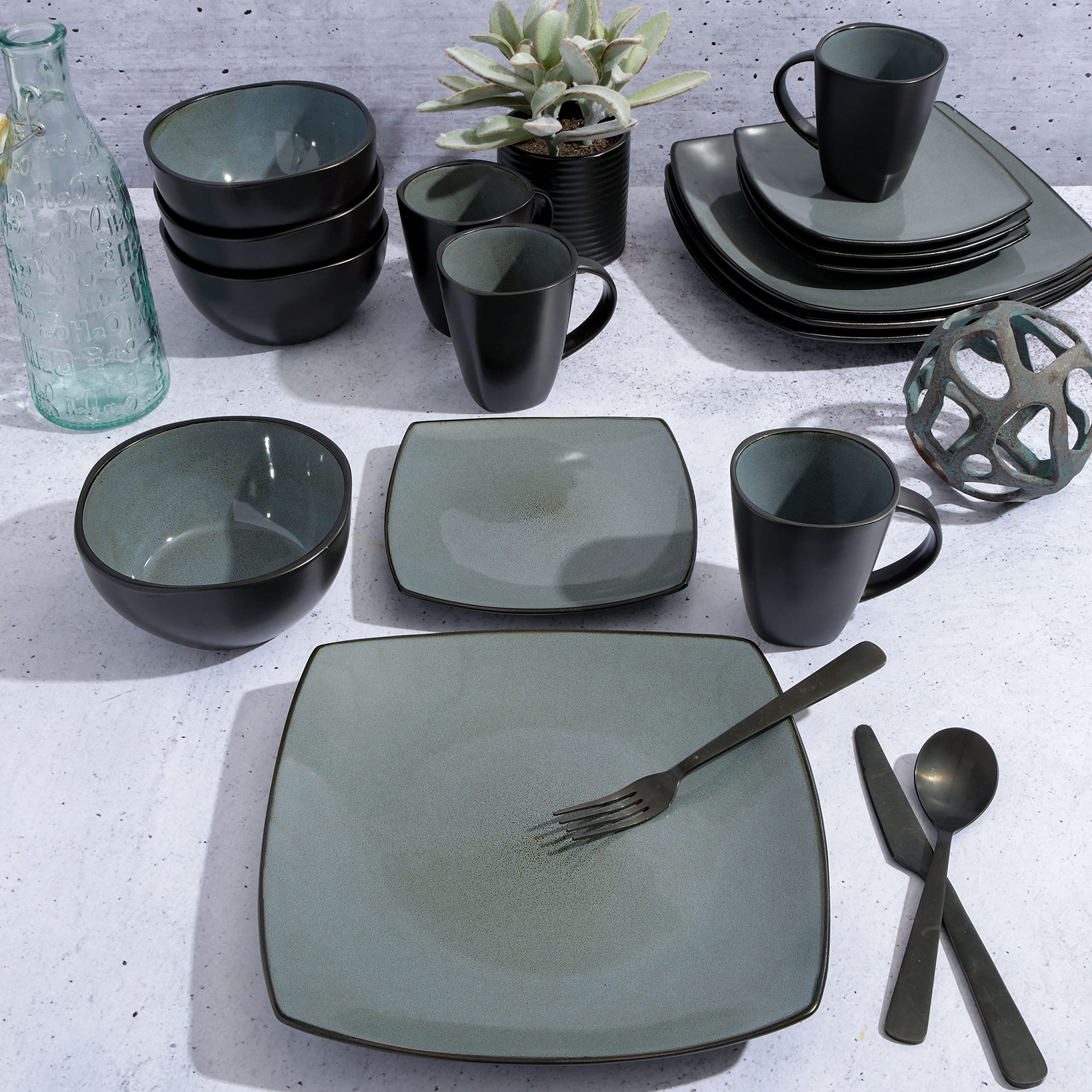 Gibson Soho Lounge Square Reactive Glaze Stoneware Dinnerware Set, Service for 4 (16pc), Eclipse