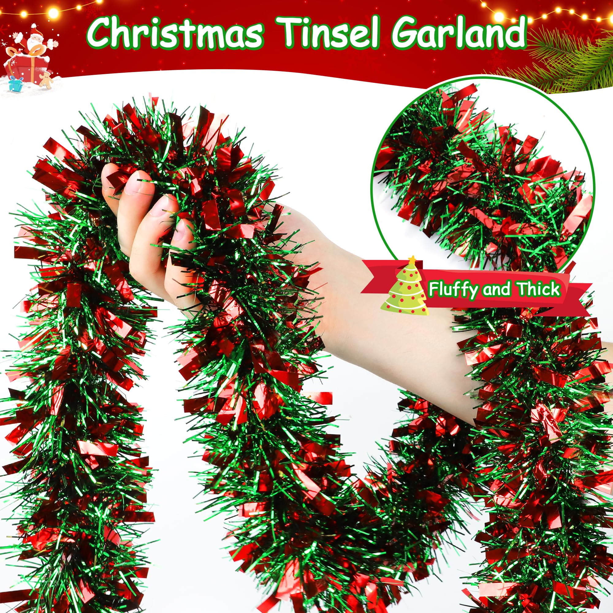50Ft Red Green Christmas Tinsel Garland Xmas Tree Decorations Metallic Glitter Tinsel Twist Hanging Garland for Indoor Outdoor C