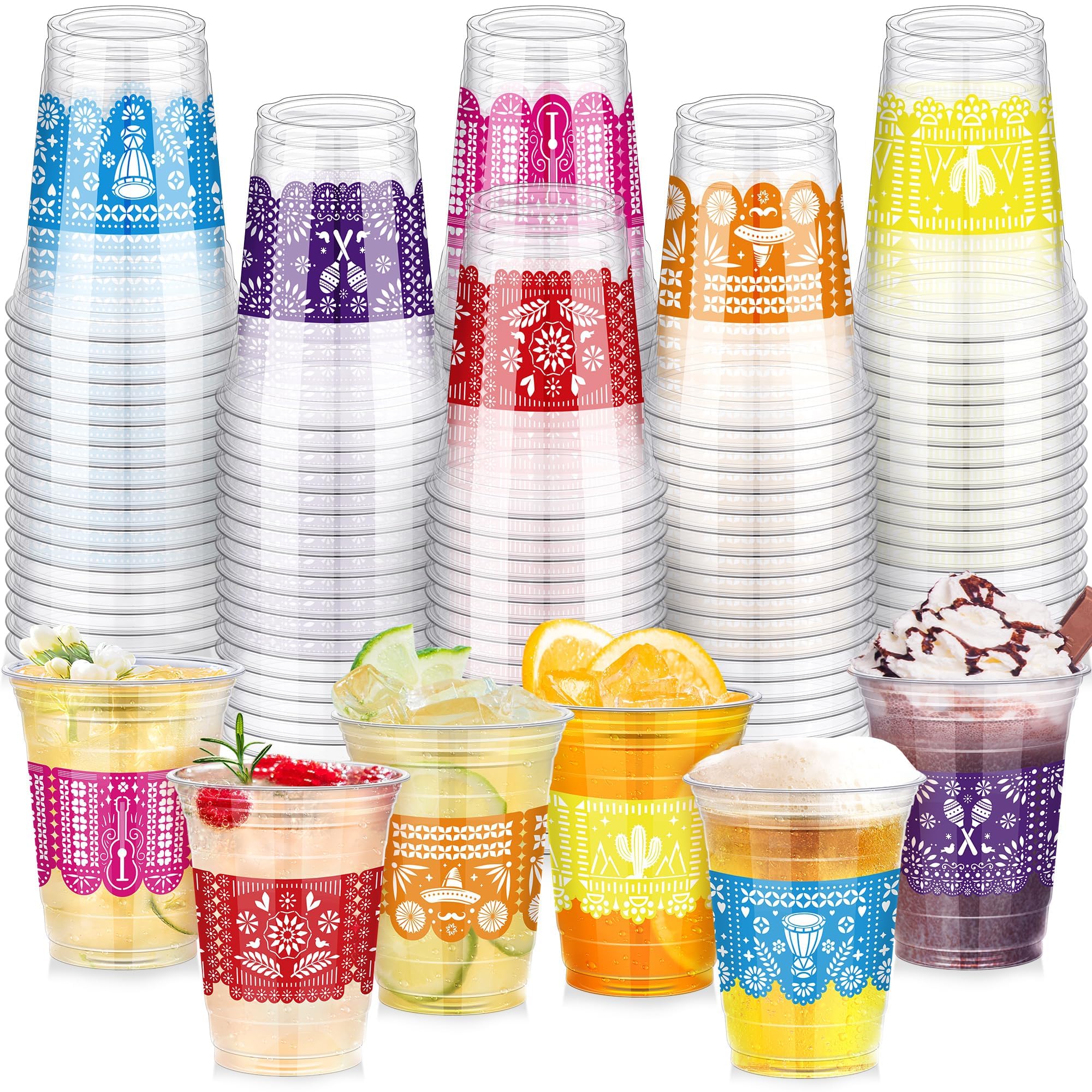 Kochorie 120 Pieces Mexican Fiesta Disposable Plastic Cups Bulk 16 Ounces Cinco De Mayo Party Cups Drinking Cup for Fiesta Taco 