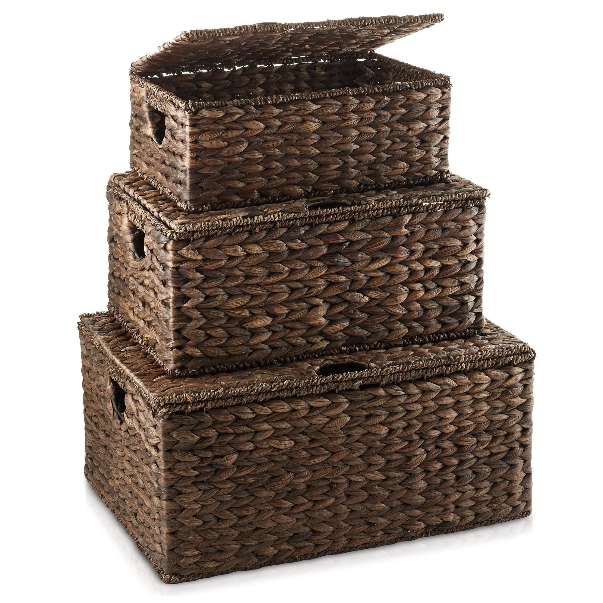 Casafield Set Of 3 Water Hyacinth Rectangular Storage Baskets With Lids (Small/Medium/Large), Multipurpose Decorative Shelf Orga