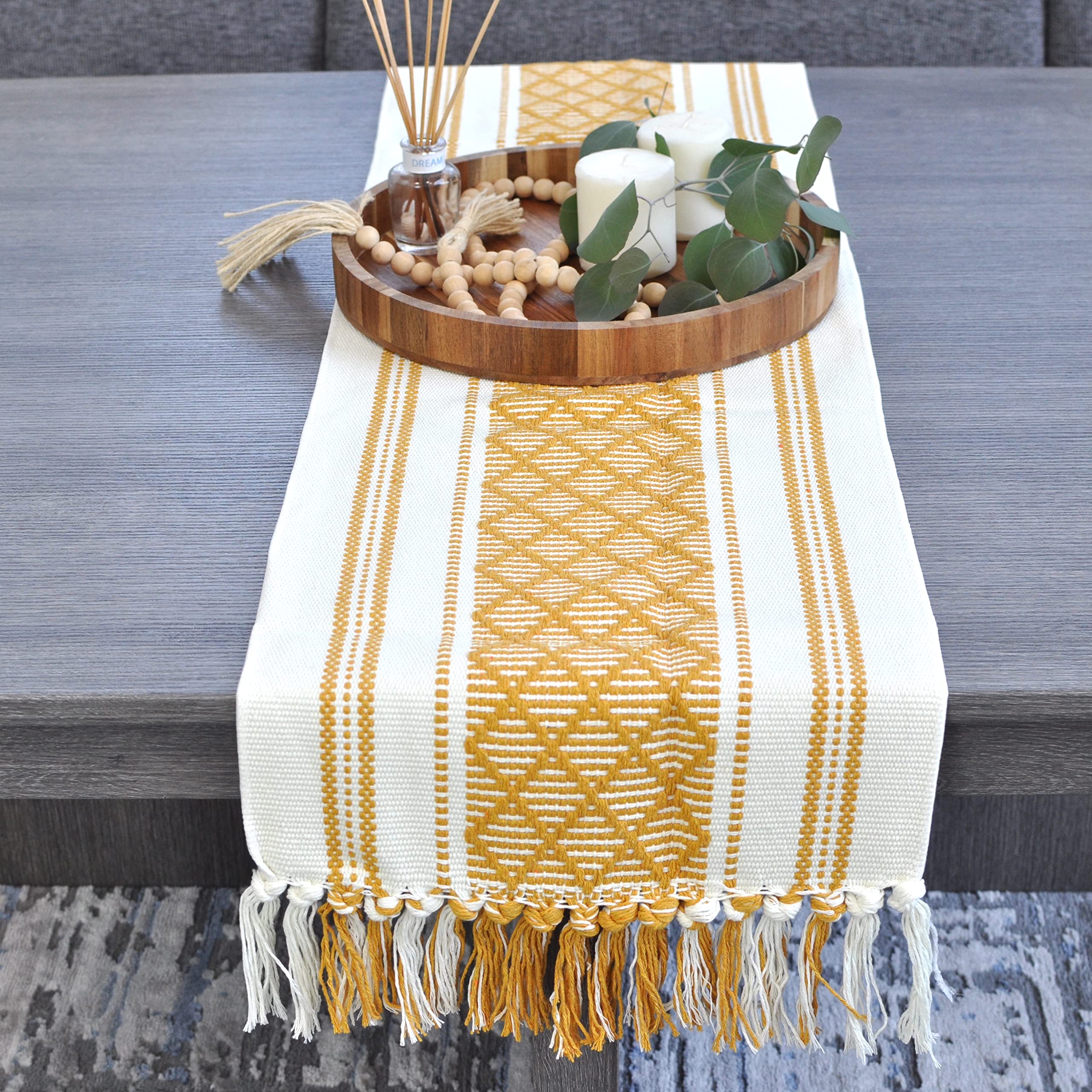 Oveesha Small Coffee Table Runner With Fringe 14 X 48 Inches, Mustard Yellow & Cream White/Woven Dresser Scarf/Farmhouse Coffee