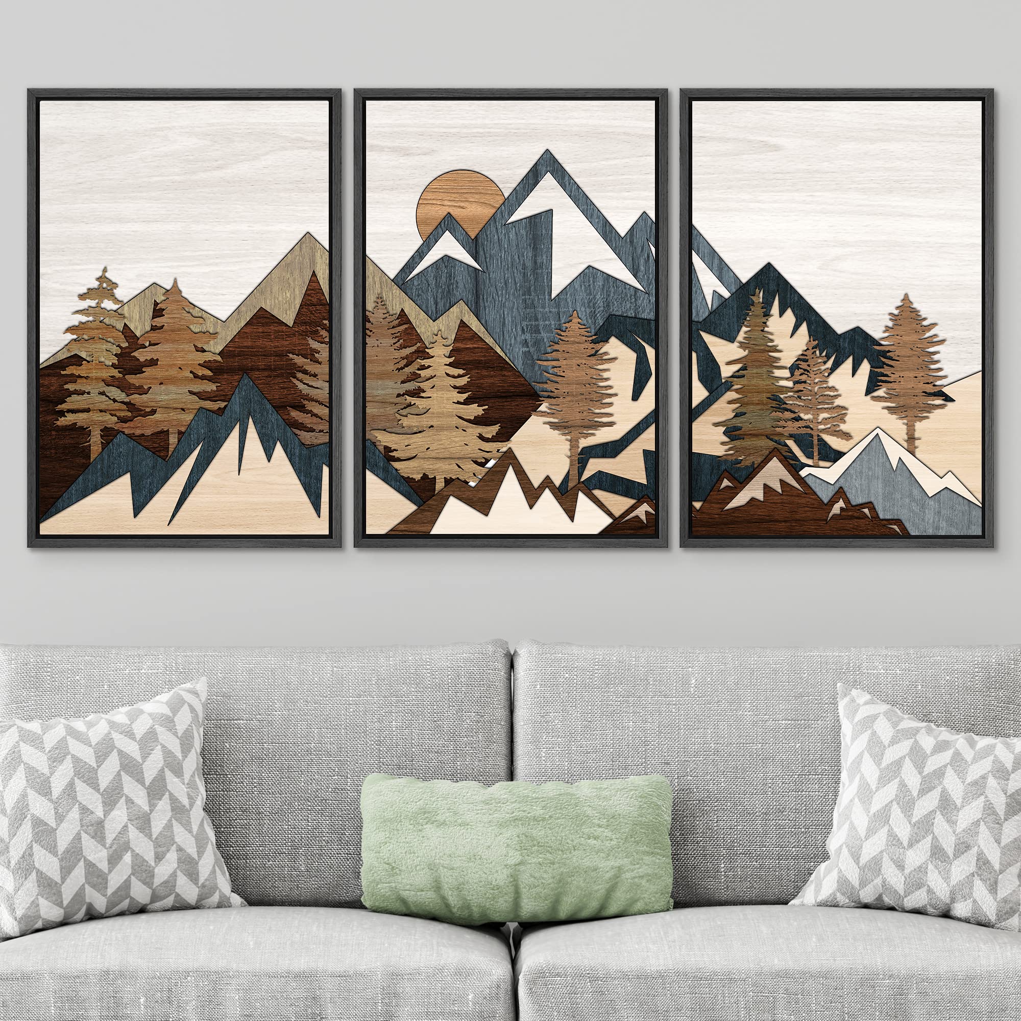 Signwin Framed Canvas Print Wall Art Set Country Woodcut Style Mountain Forest Nature Wilderness Illustrations Modern Art Decora