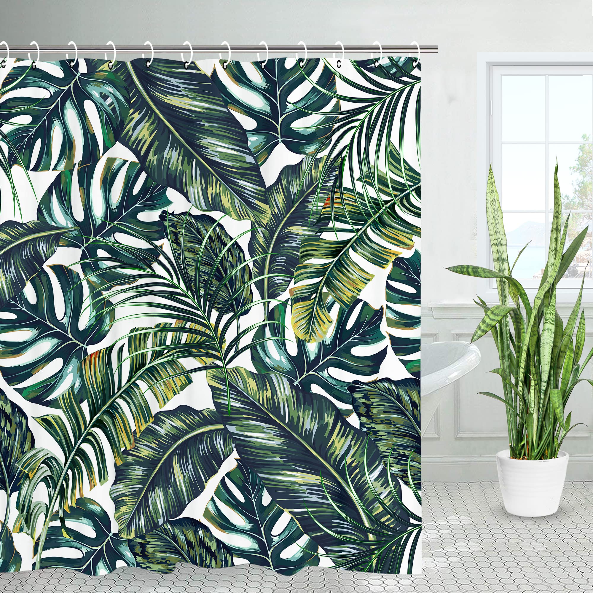 Livilan Green Shower Curtain, Tropical Shower Curtain, Plant Shower Curtain, Leaf Shower Curtain, Botanical Shower Curtain Set W