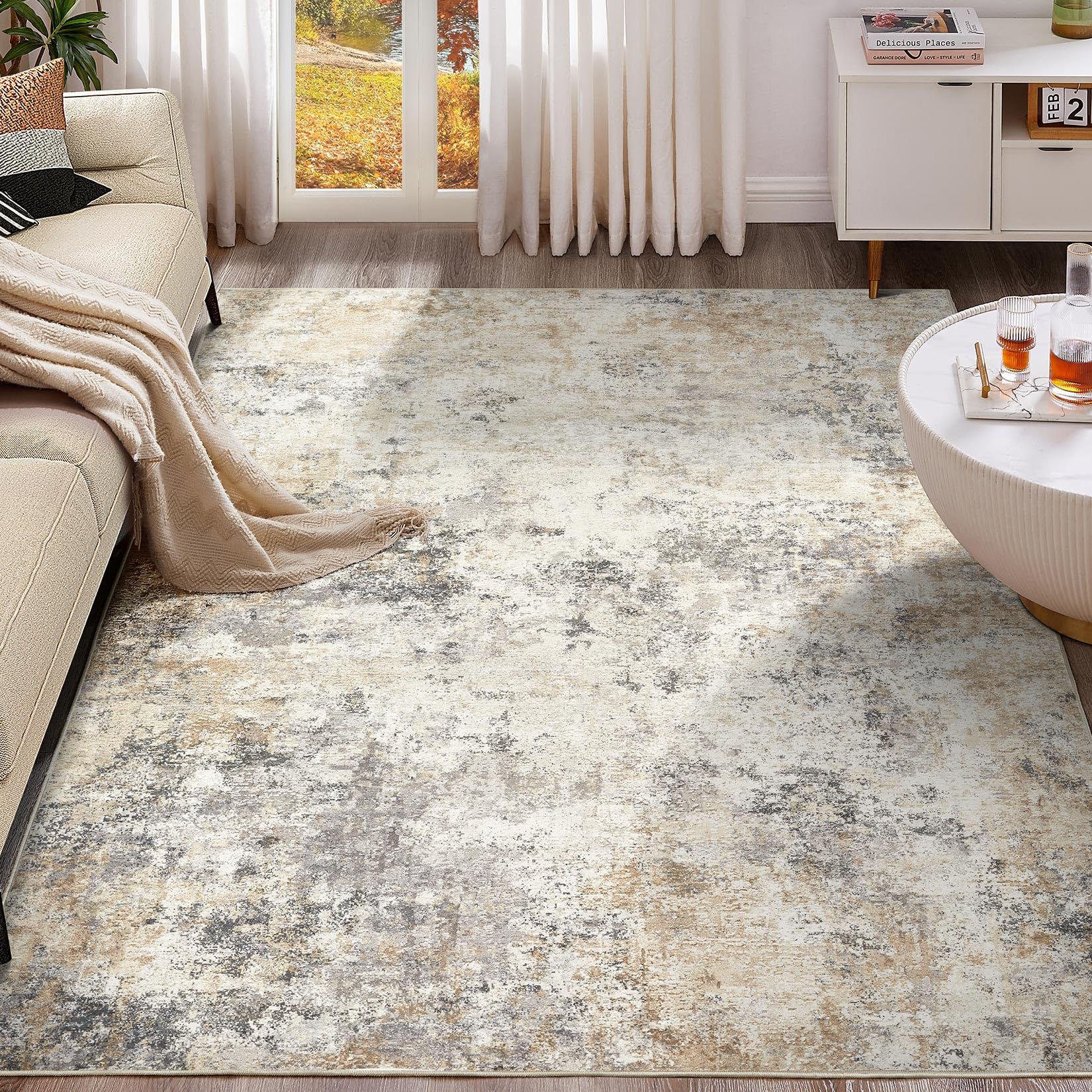 UERMEI 10x14 Washable Area Rug - Neutral Modern Abstract Living Room Rugs, Non-Slip Soft Large Indoor Floor Carpet for Bedroom H
