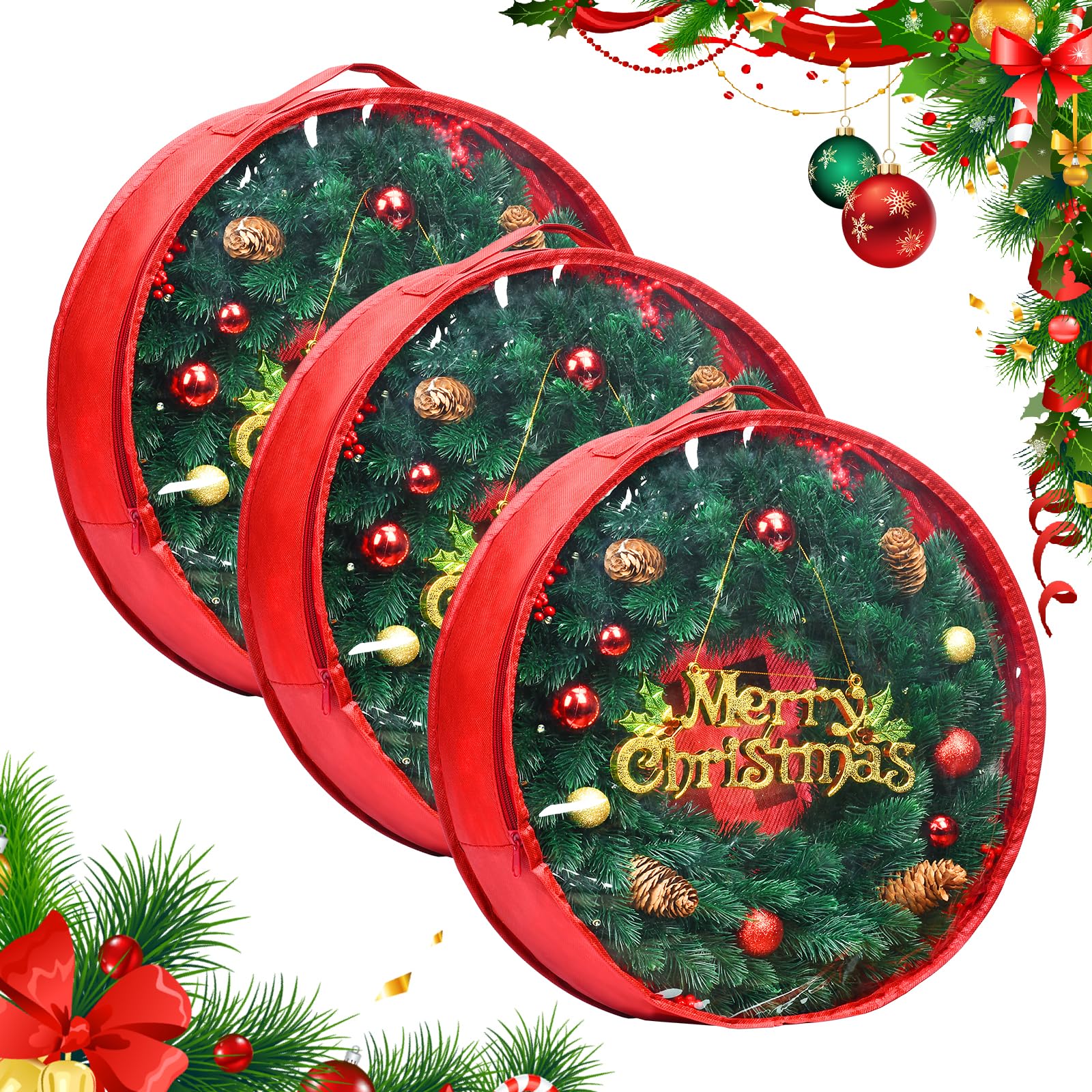 Noodunch Christmas Wreath Storage Container Wreath Storage Bag 3 Pcs 30 Inch With Zipper And Sturdy Carrying Handle For Christma