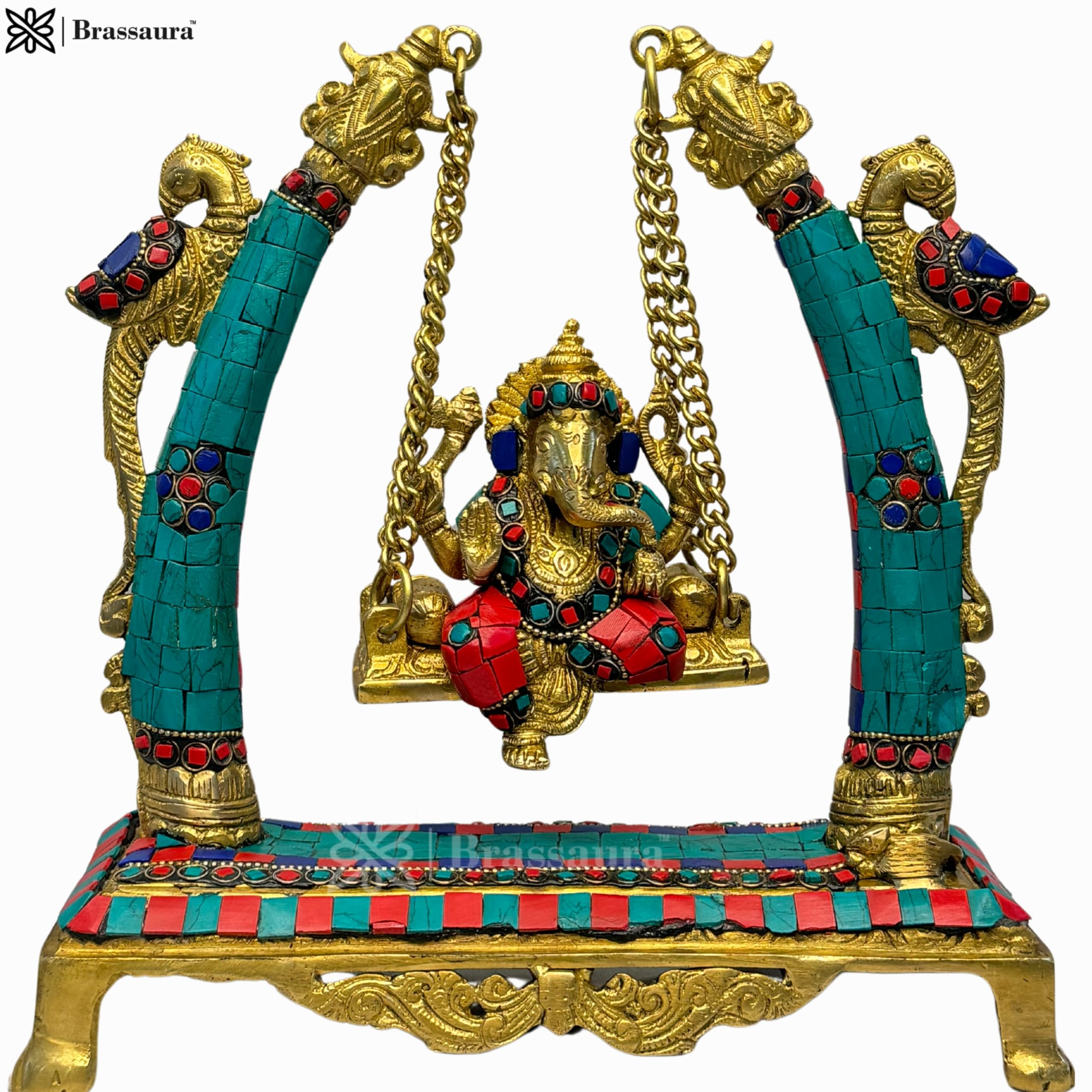 Brassaura Brass Gem Stone Work Ganesha Jhula Statue For Home And Decor Brass Ganesh Murti For Pooja Room Ganpati Idol For Home E