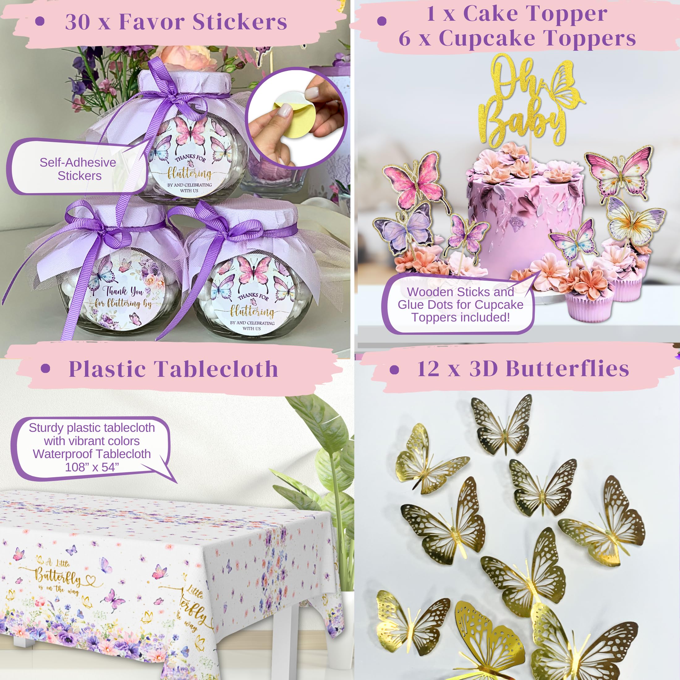 195 Pc Butterfly Baby Shower Decorations For Girl With Pink And Purple Butterfly Balloon Arch Kit, Baby Girl Boxes, Backdrop, Ta