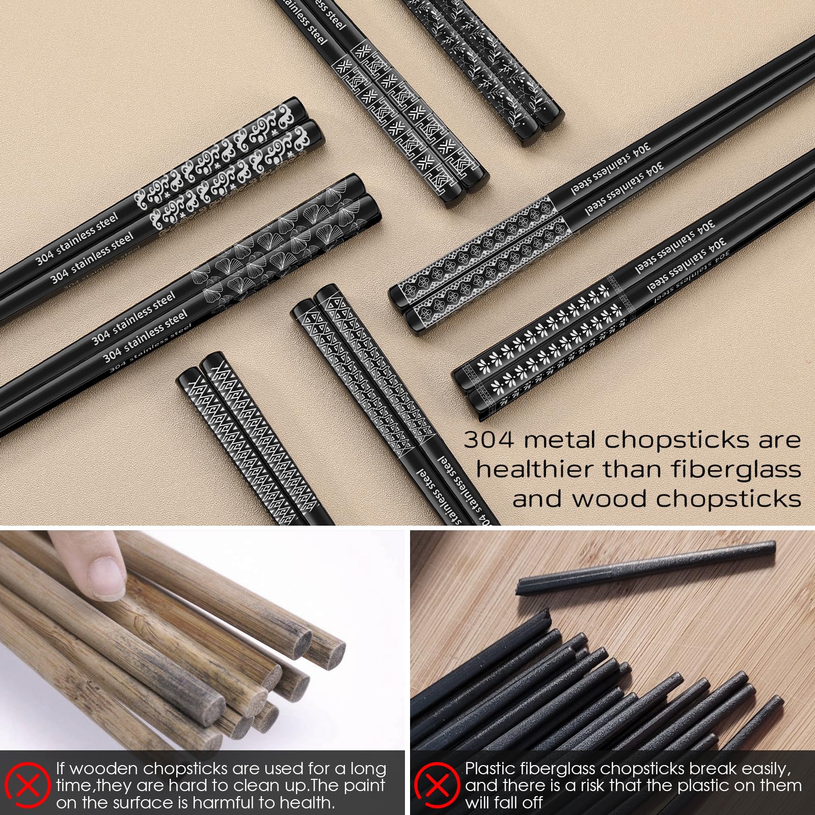 8 Pairs Metal Chopsticks Reusable Black Stainless Steel Chopsticks Set Laser Engraved Non-slip Japanese Korean Chinese Chopstick