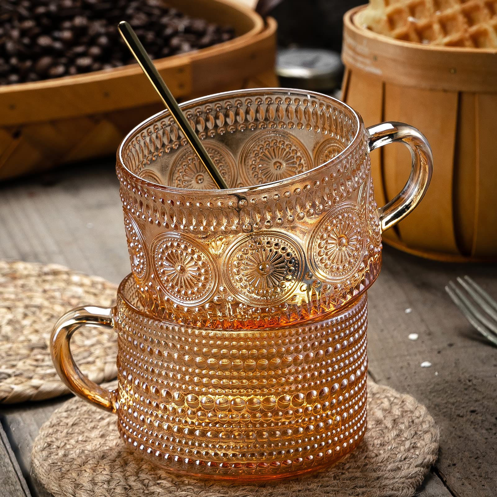 Gezzeny Vintage Coffee Mugs 14 Oz Set Of 2 Amber Embossed Glass Tea Cups For Cappccino, Latte,Cereal, Yogurt, Beverage Christmas