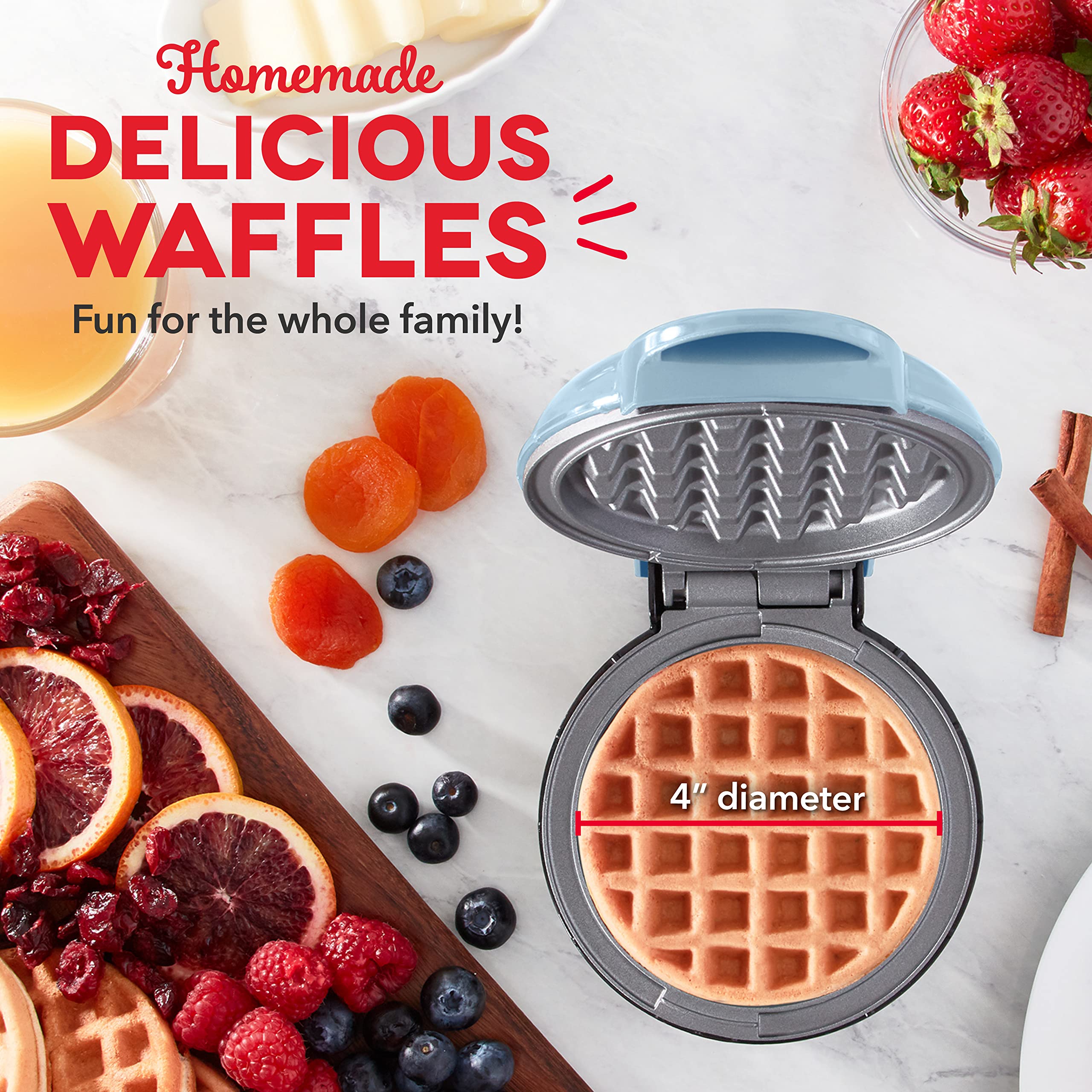 DASH Deluxe Mini Maker for Individual Waffles  Hash Browns  Keto Chaffles with Included Brush and Cord Wrap  and Easy to Clean Non-Stick Surfaces  4 Inch  Dream Blue